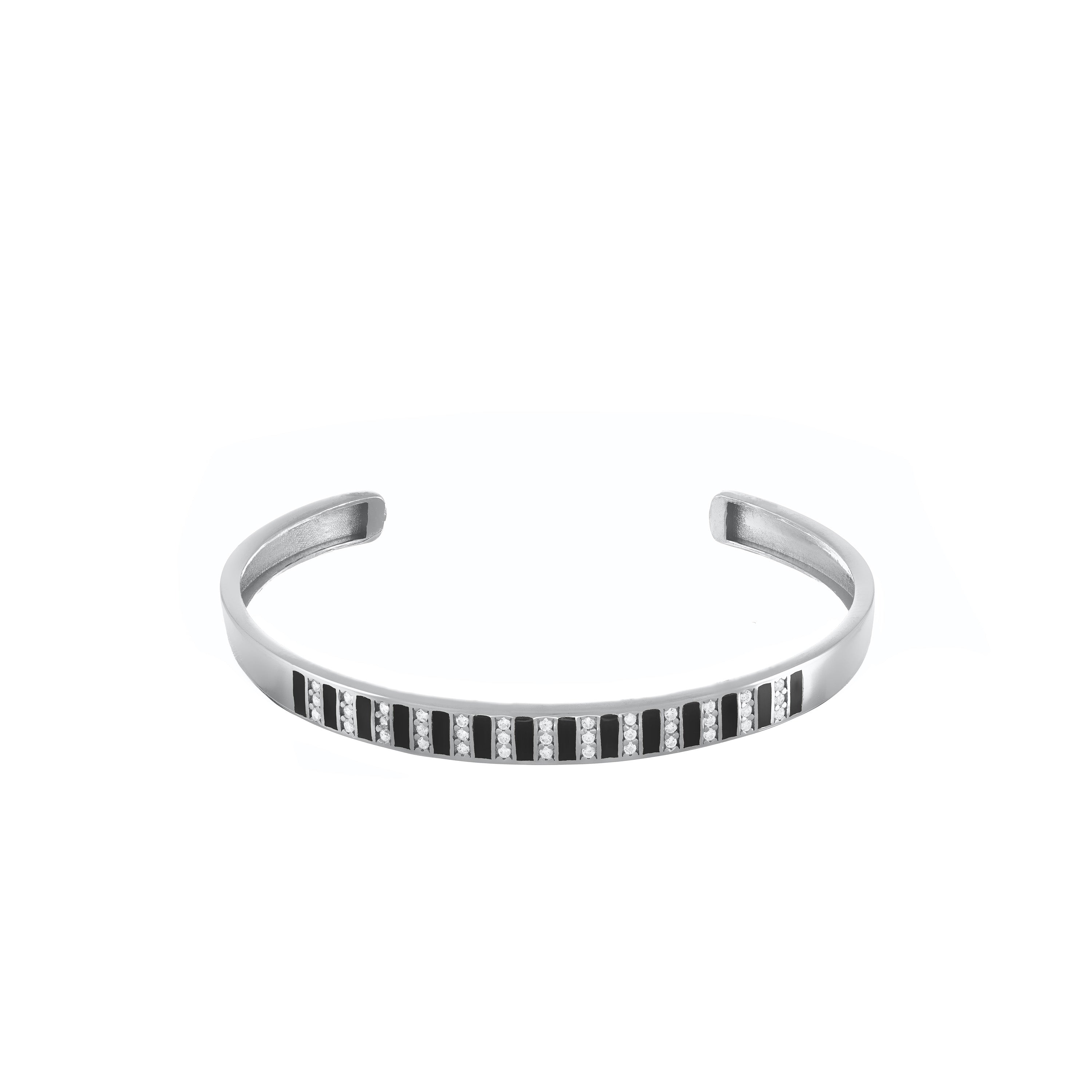 Cubic Zirconia Enamel Stripes Bangle Bracelet - Silver Black
