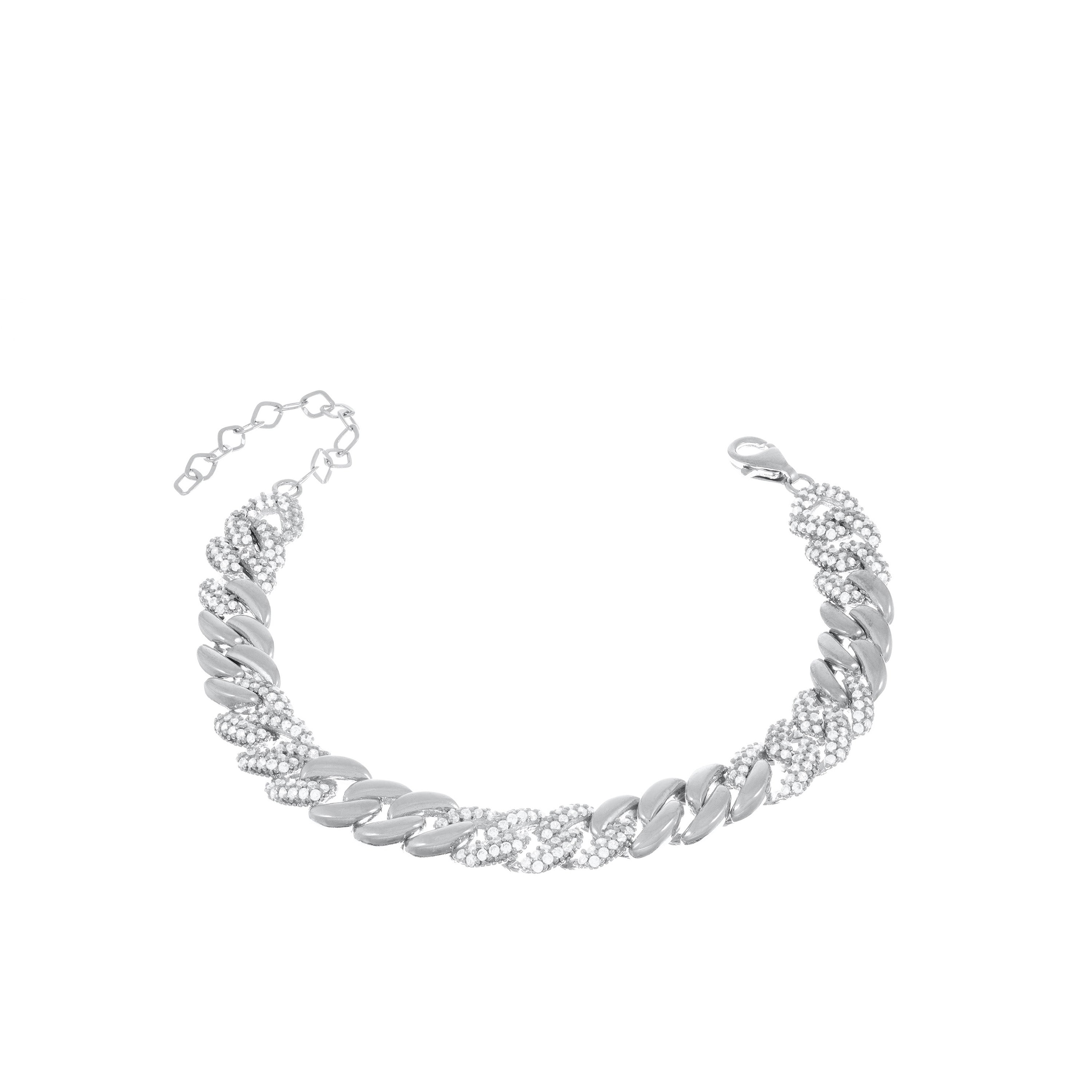 Cubic Zirconia Half Pave Cuban Chain Bracelet - Silver