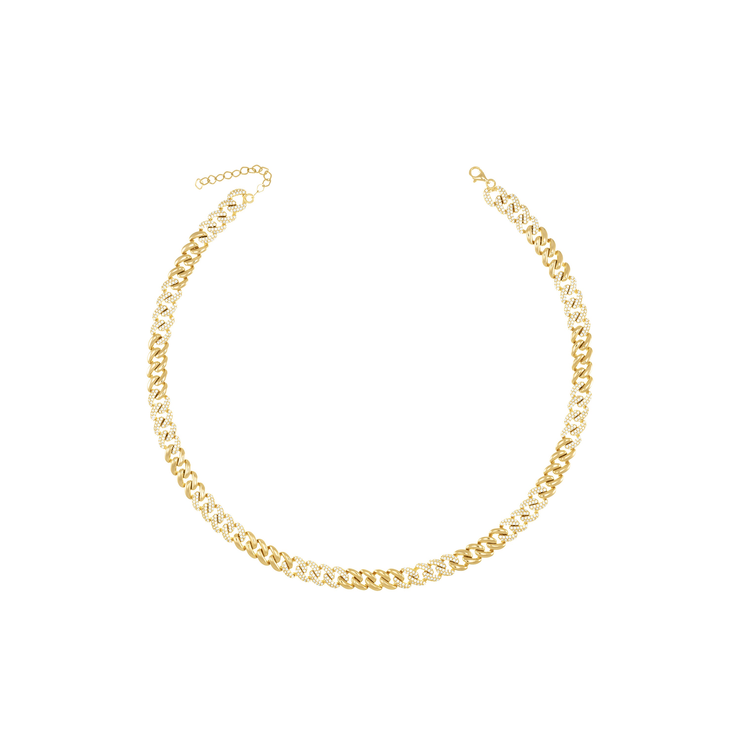 Cubic Zirconia Half Pave Cuban Chain Link Choker - Gold White