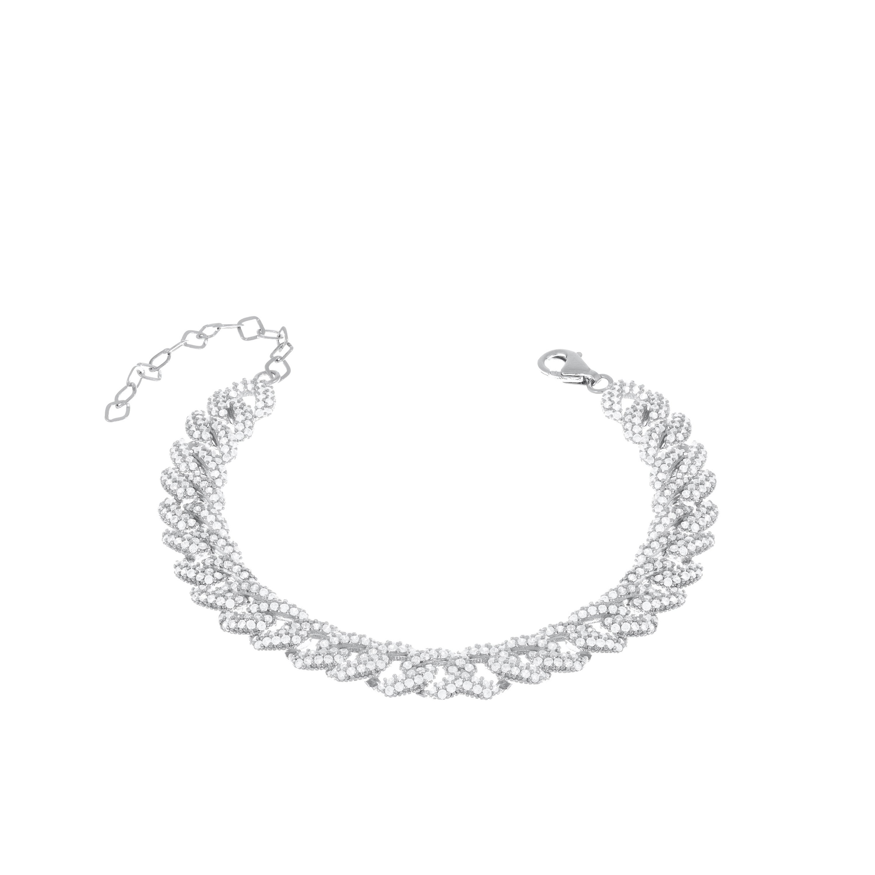 Cubic Zirconia Pave Cuban Chain Bracelet - Silver White
