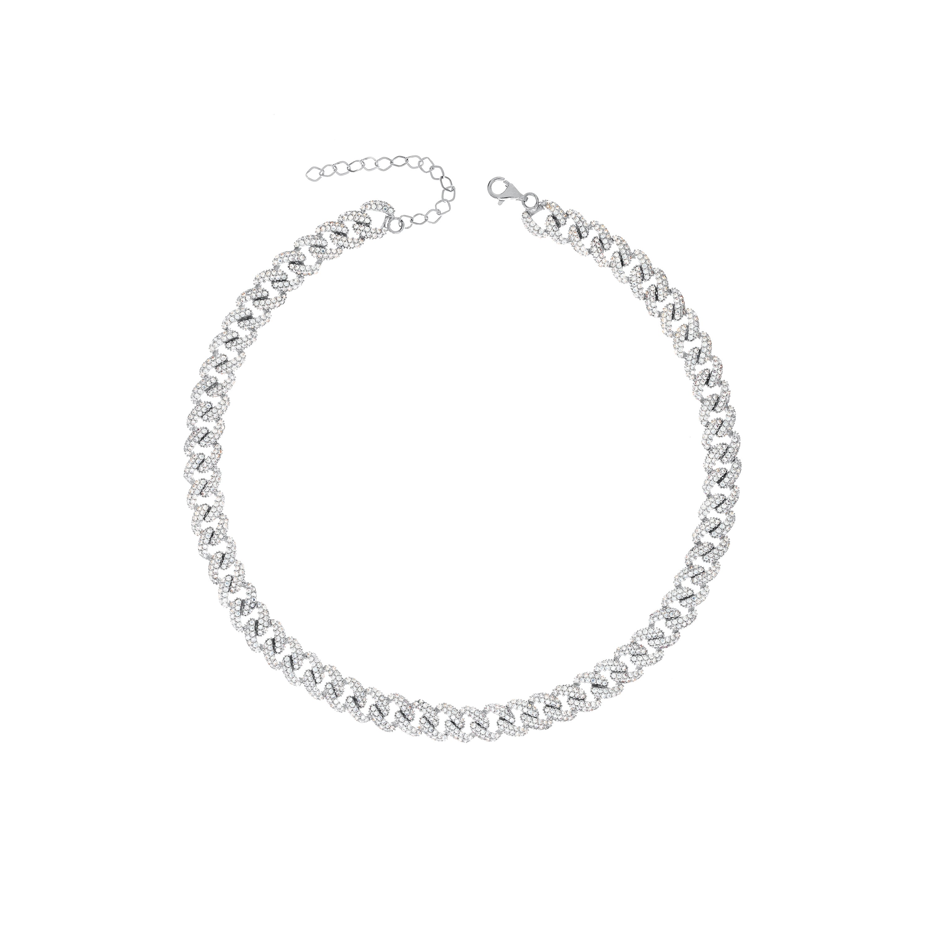 Cubic Zirconia Pave Cuban Chain Link Choker - Silver