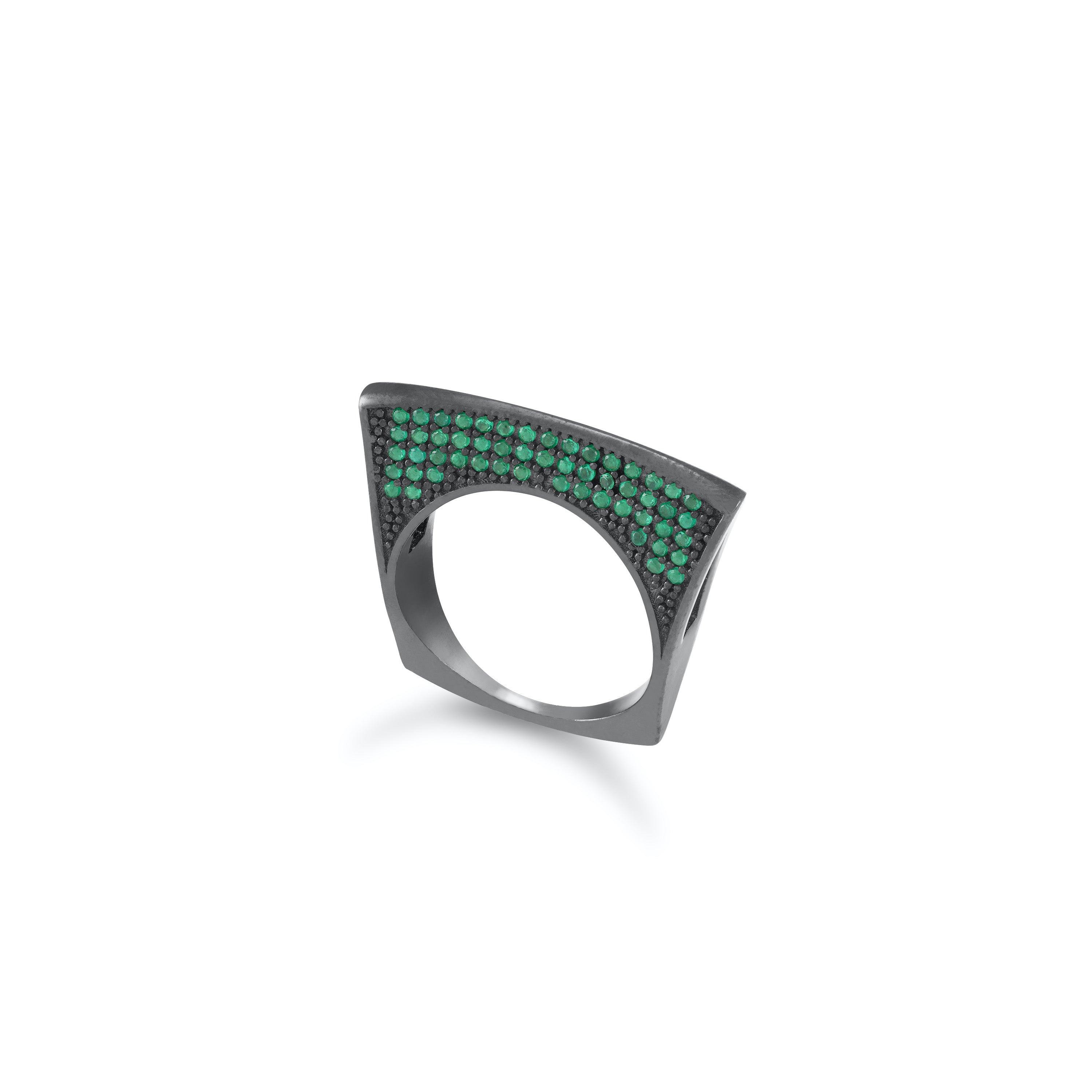 Cubic Zirconia Pave Lotus Ring - Black Rhodium Green