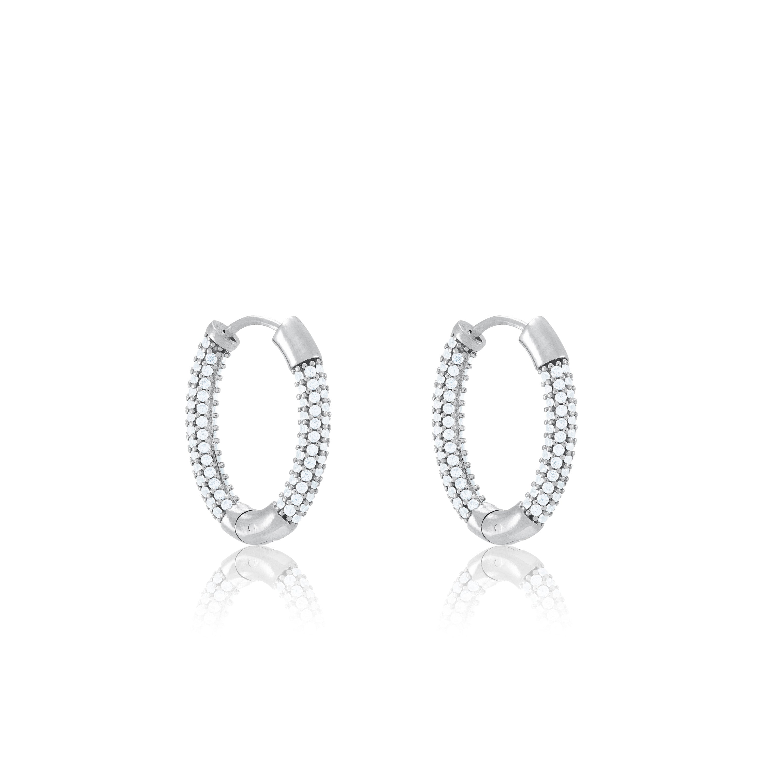 Cubic Zirconia Pave Oval Shape Big Hoop Earrings - Silver White