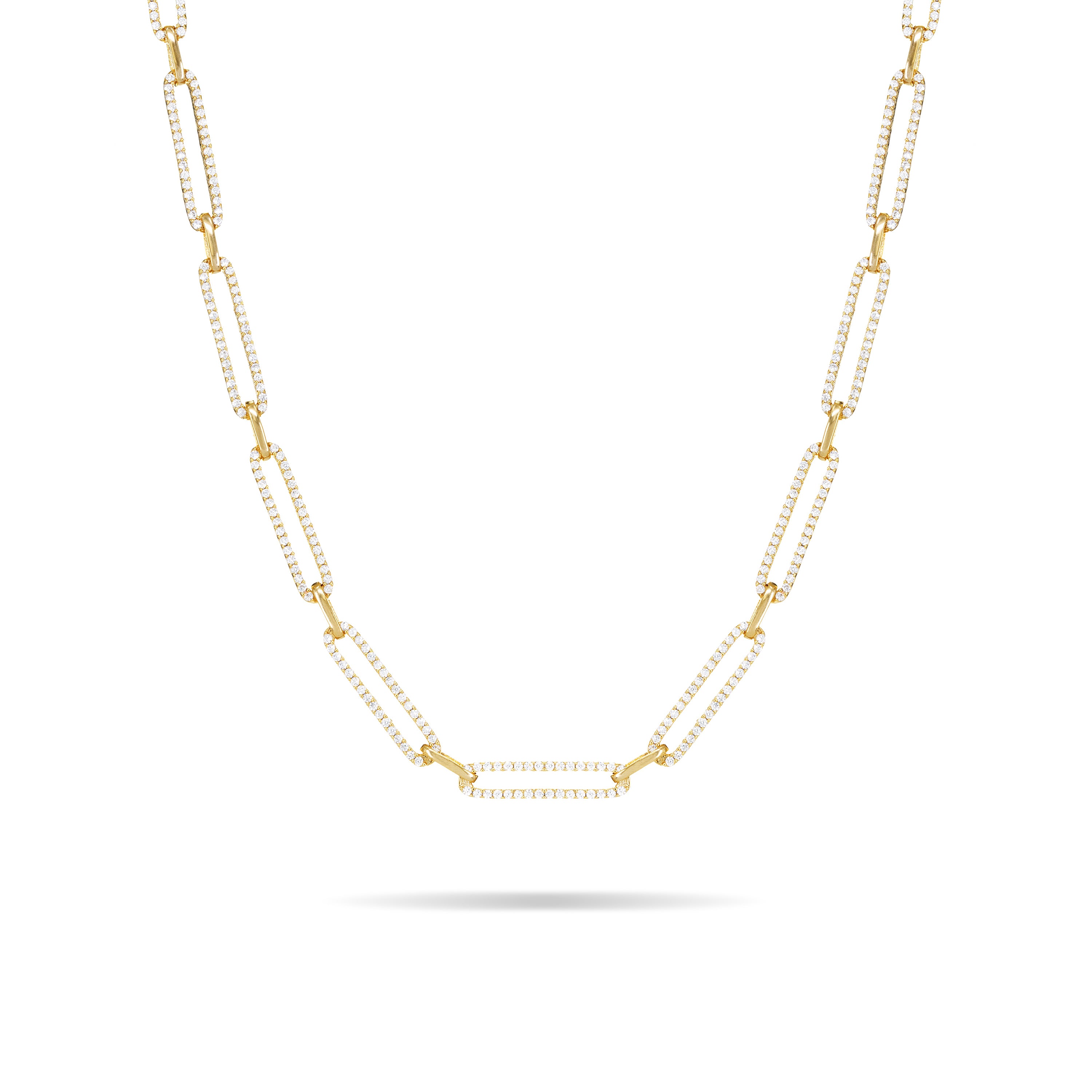 Cubic Zirconia Pave Paperclip Chain Link Choker - Gold White