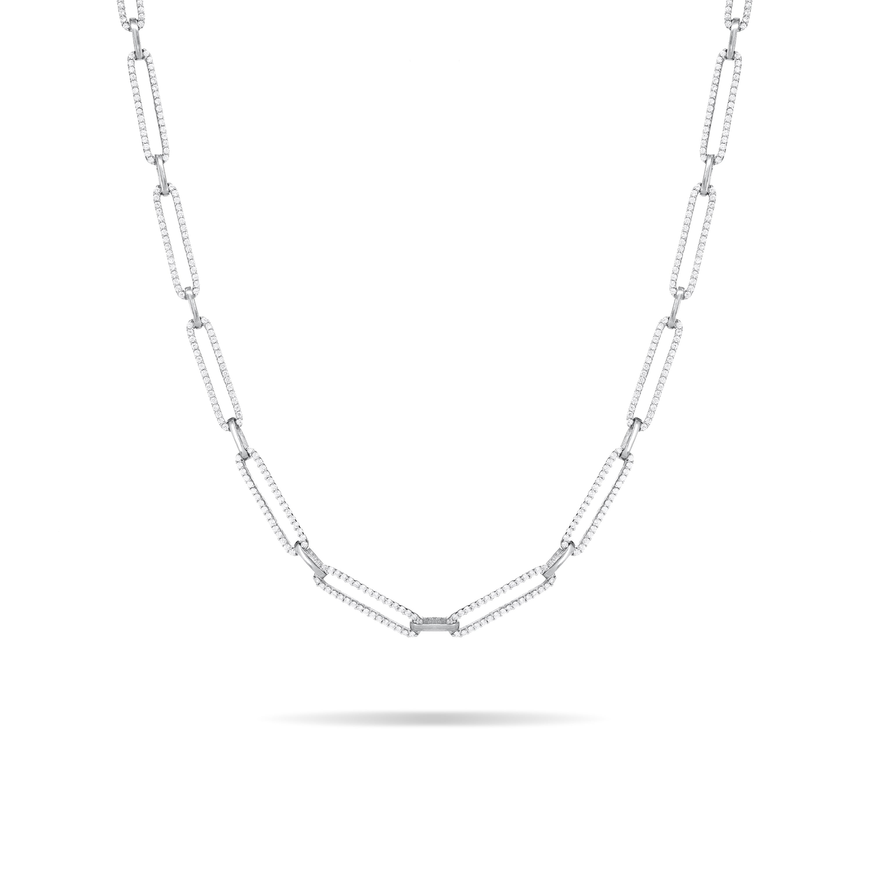 Cubic Zirconia Pave Paperclip Chain Link Choker - Silver White