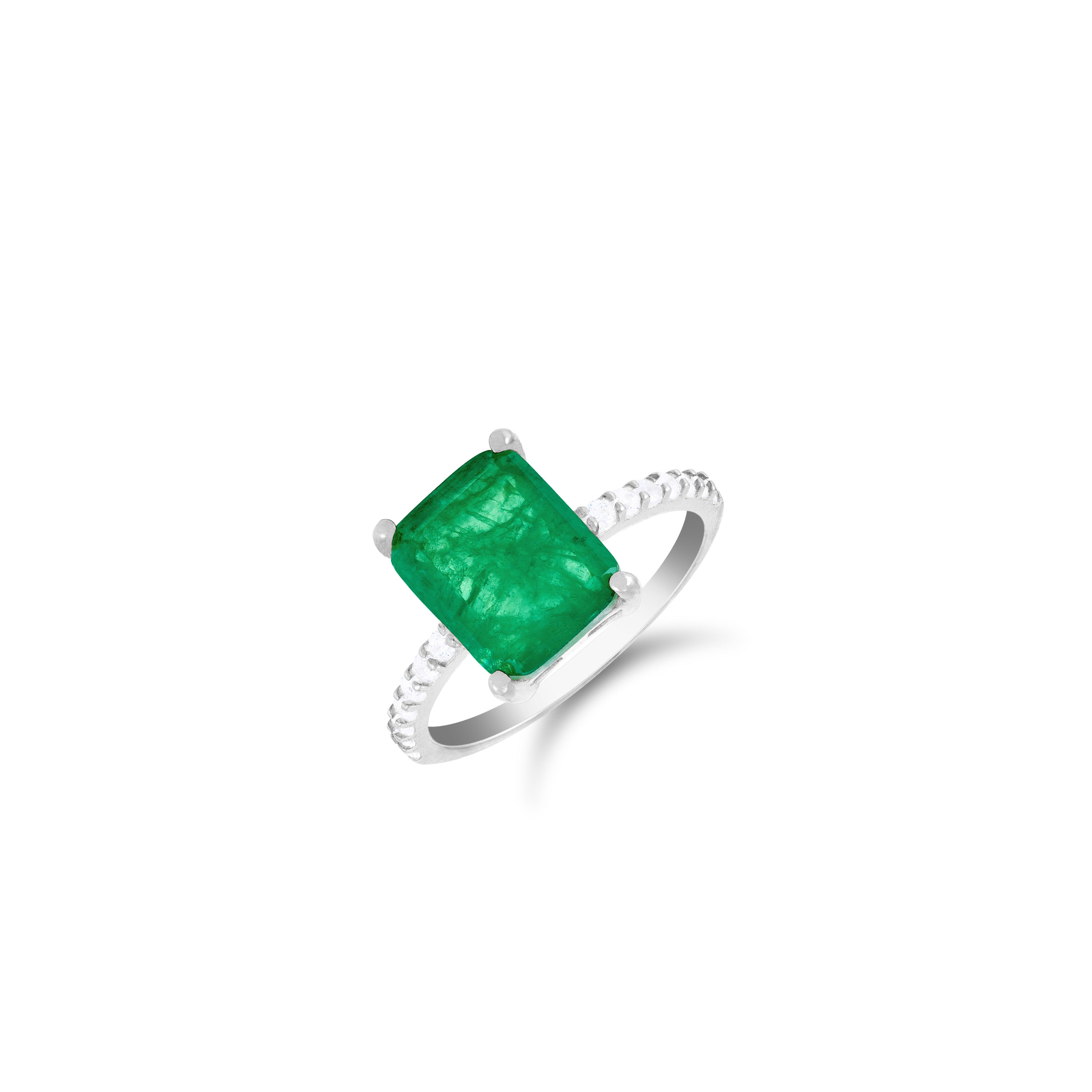 Cubic Zirconia Rectangle Stone Ring - Silver Green Matt And White