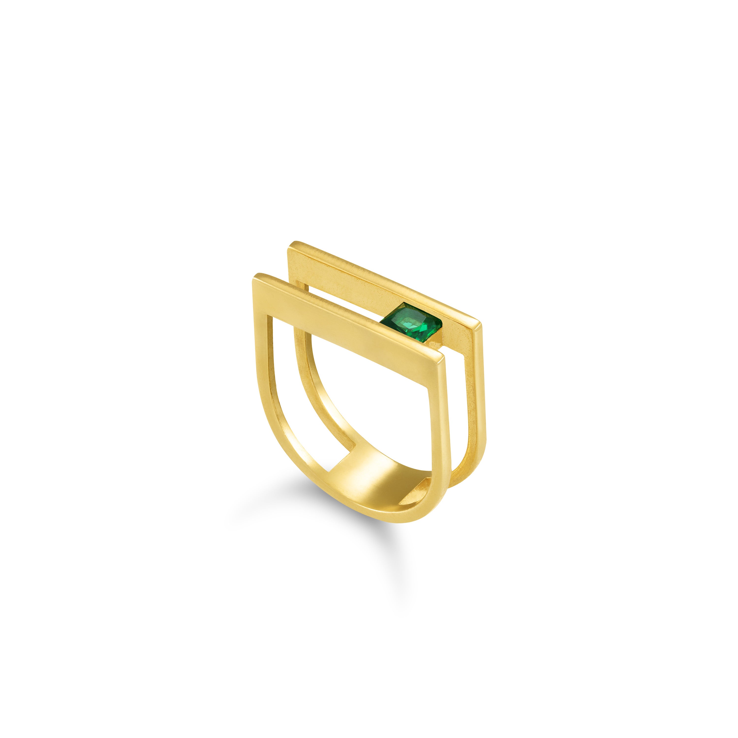 Cubic Zirconia Stone Double Bar Ring - Gold Green - One Rectangle Stone