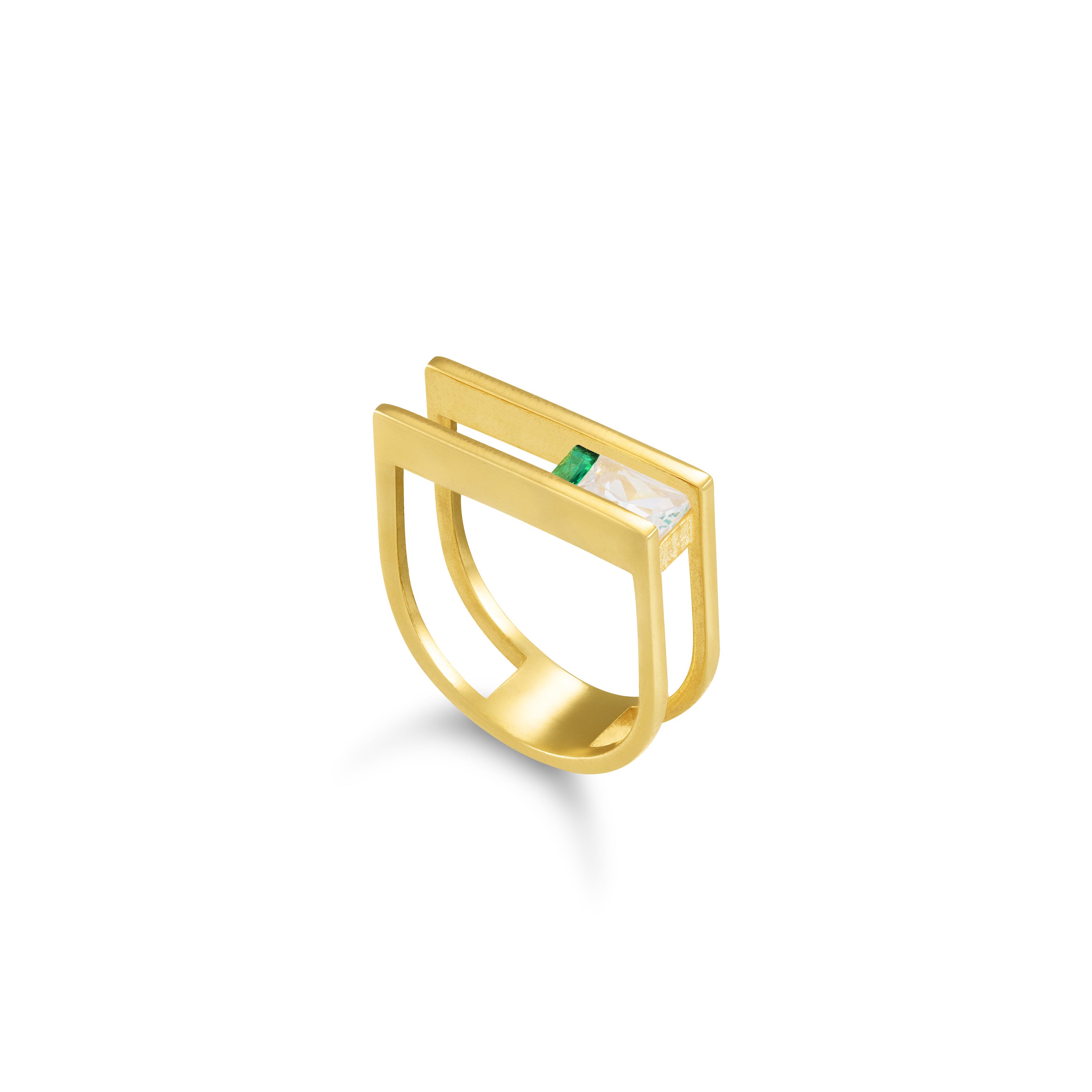 Cubic Zirconia Stone Double Bar Ring - Gold White And Green - One Baguette One Rectangle Stone