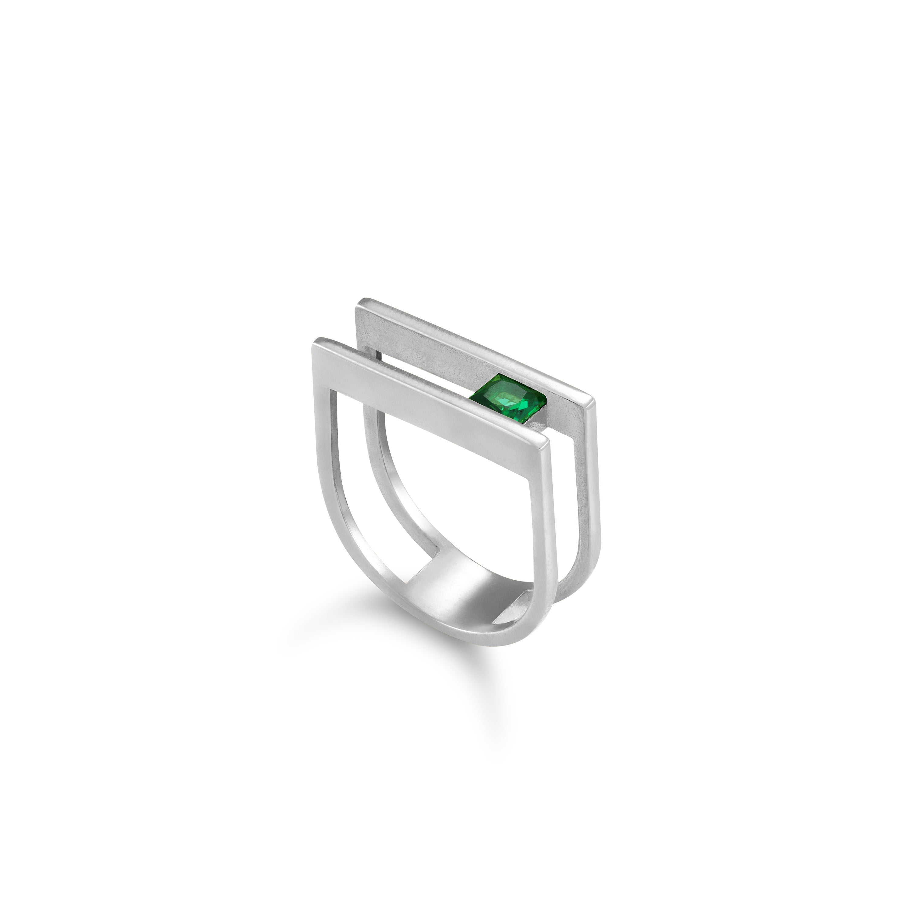 Cubic Zirconia Stone Double Bar Ring - Silver Green - One Rectangle Stone