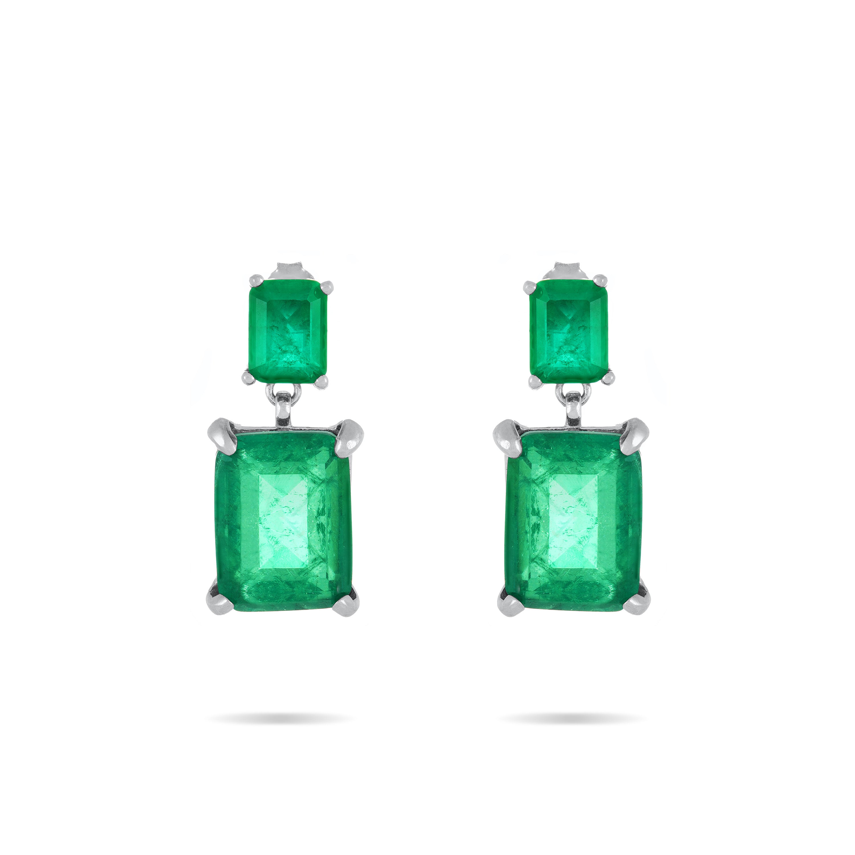 Cubic Zirconia Two Rectangle Stone Drop Earrings - Silver Green