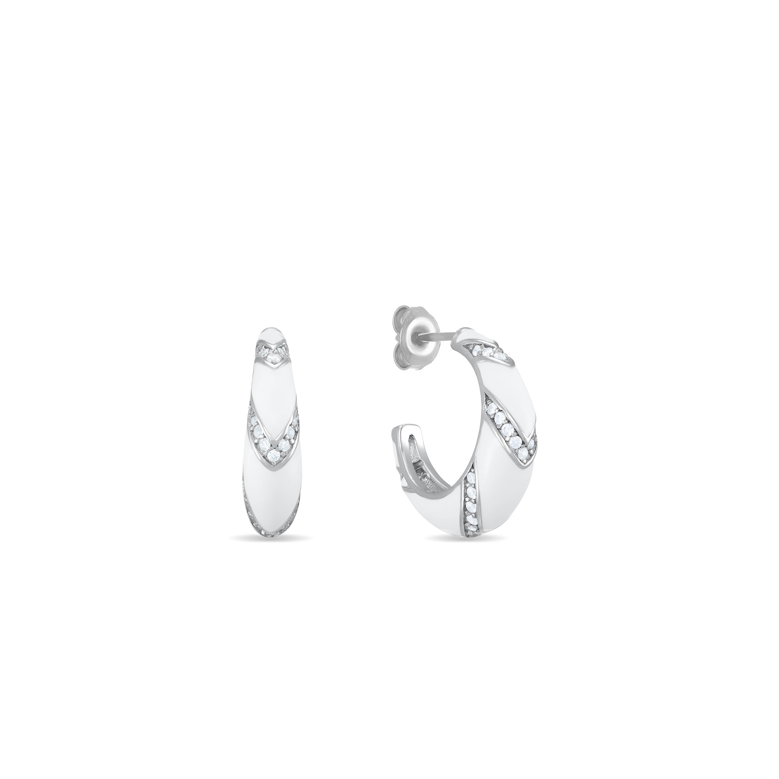 Cubic Zirconia V Shape Stripes Enamel Open Hoop Earrings - Silver White
