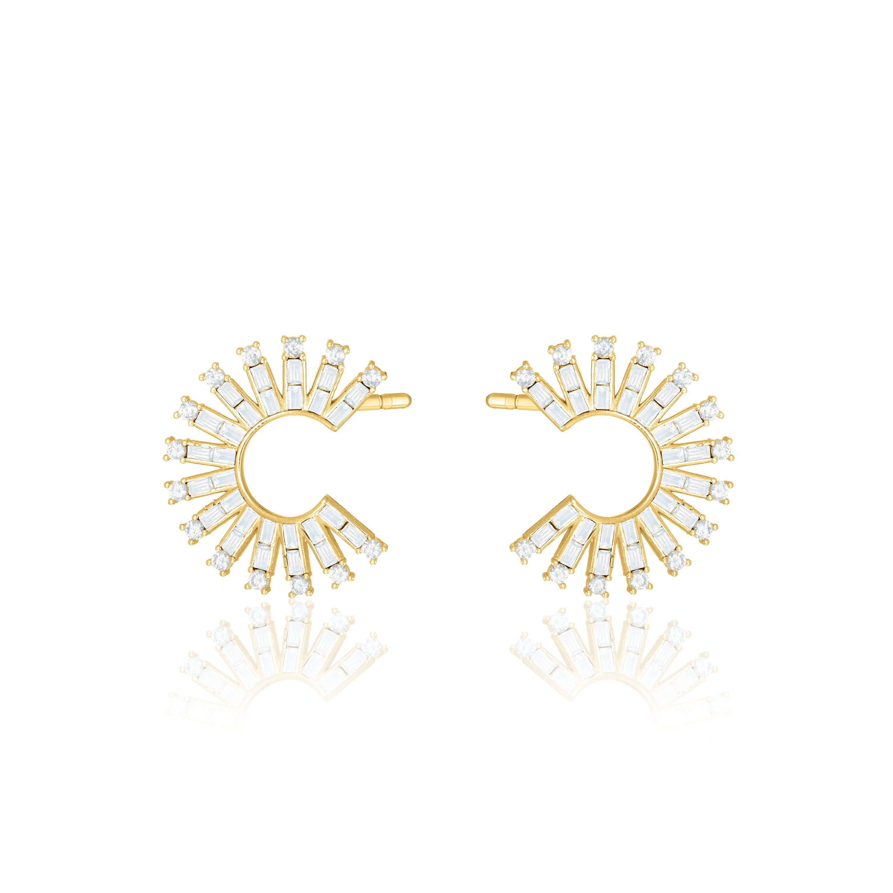 Cubic Zirconia Baguette Sun Rays C Shape Earrings - Gold White