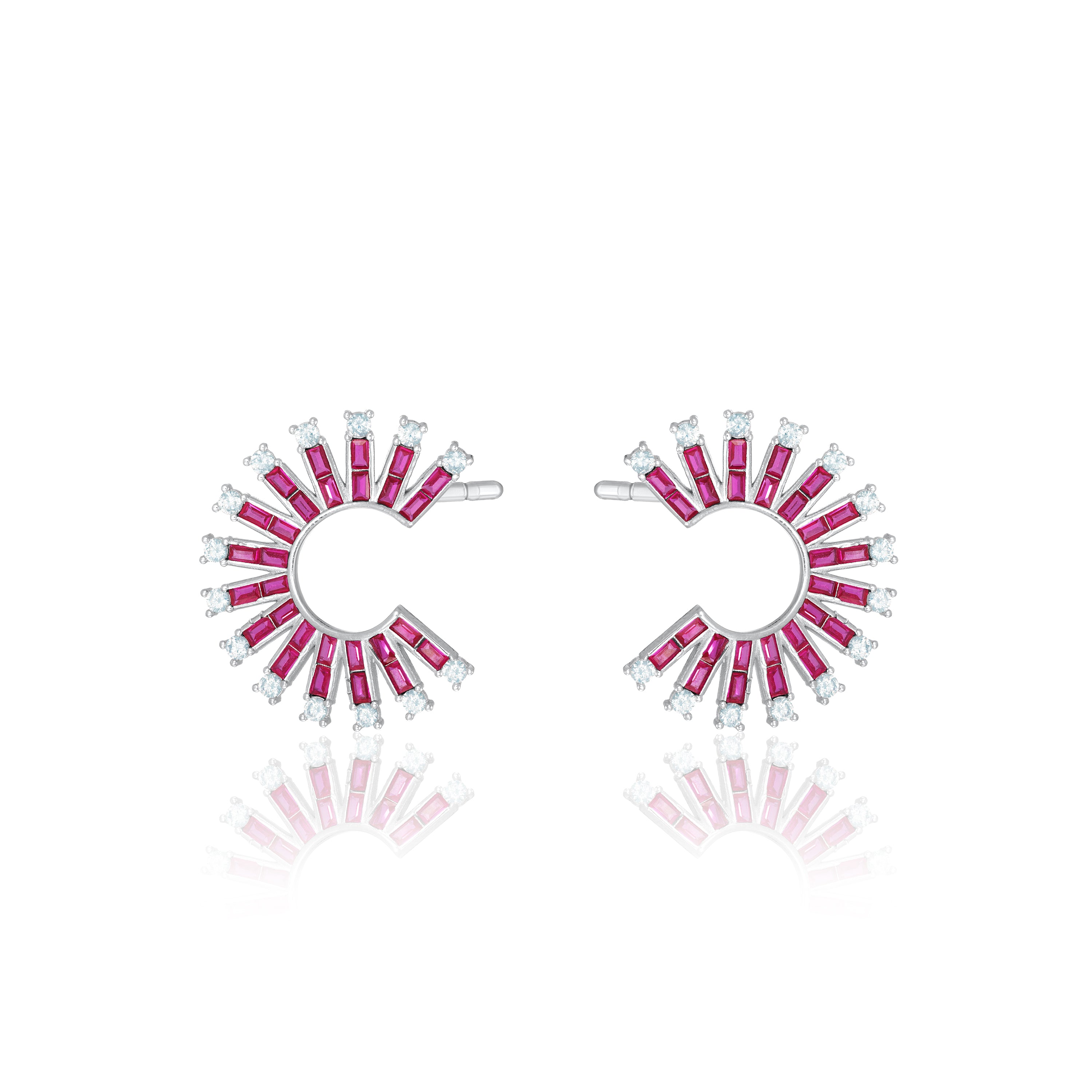Cubic Zirconia Baguette Sun Rays C Shape Earrings - Silver Fuchsia And White