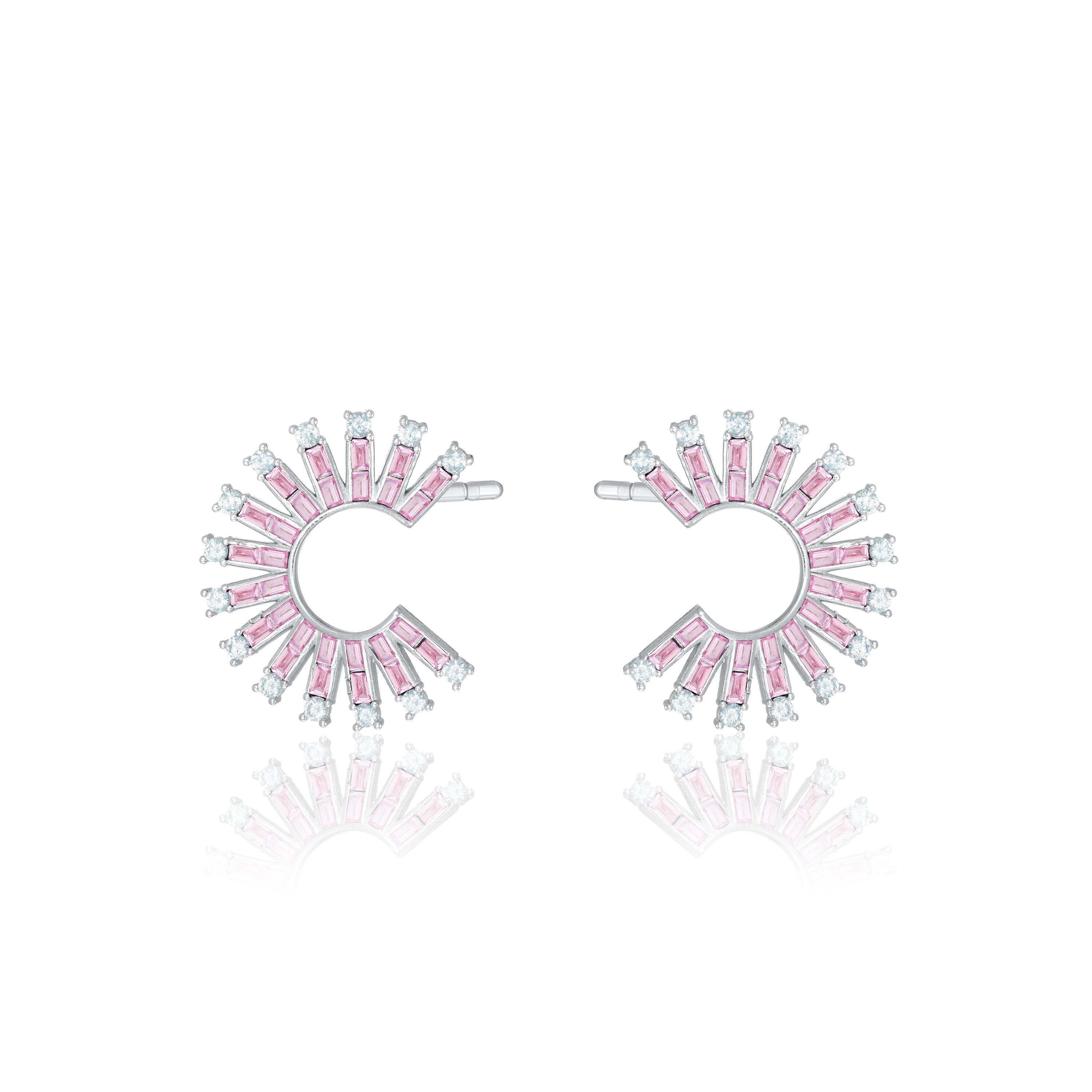 Cubic Zirconia Baguette Sun Rays C Shape Earrings - Silver Light Pink And White
