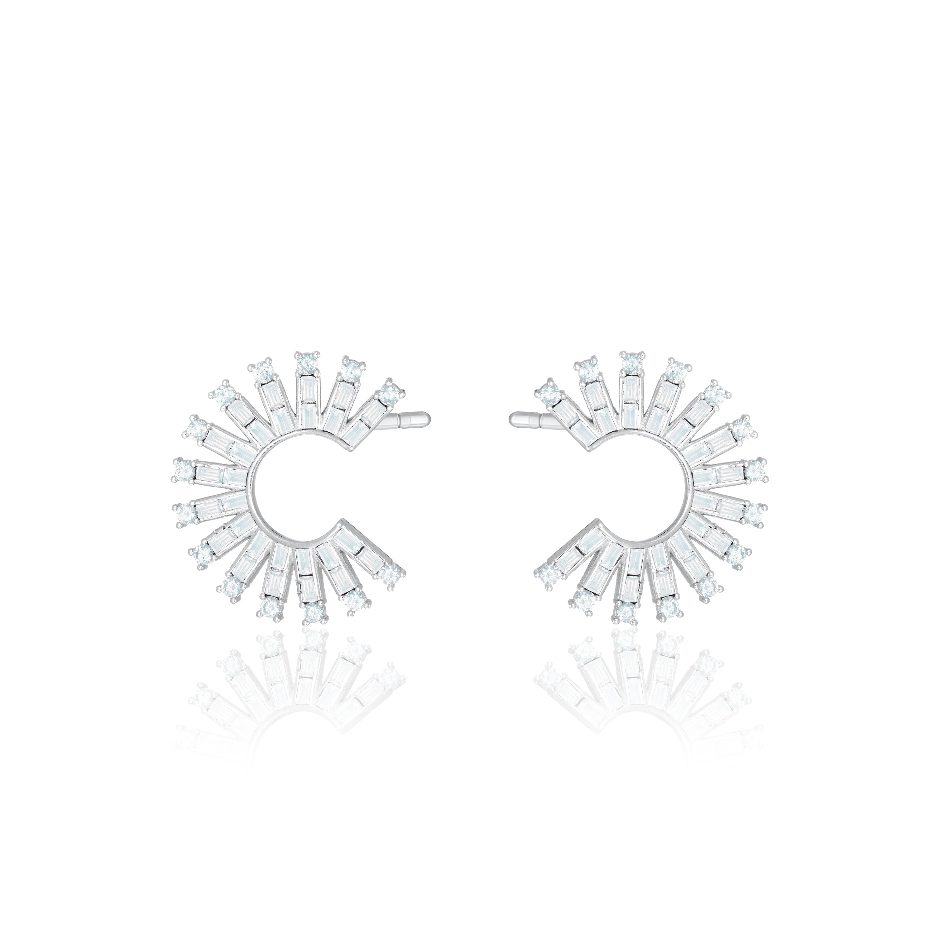 Cubic Zirconia Baguette Sun Rays C Shape Earrings - Silver White