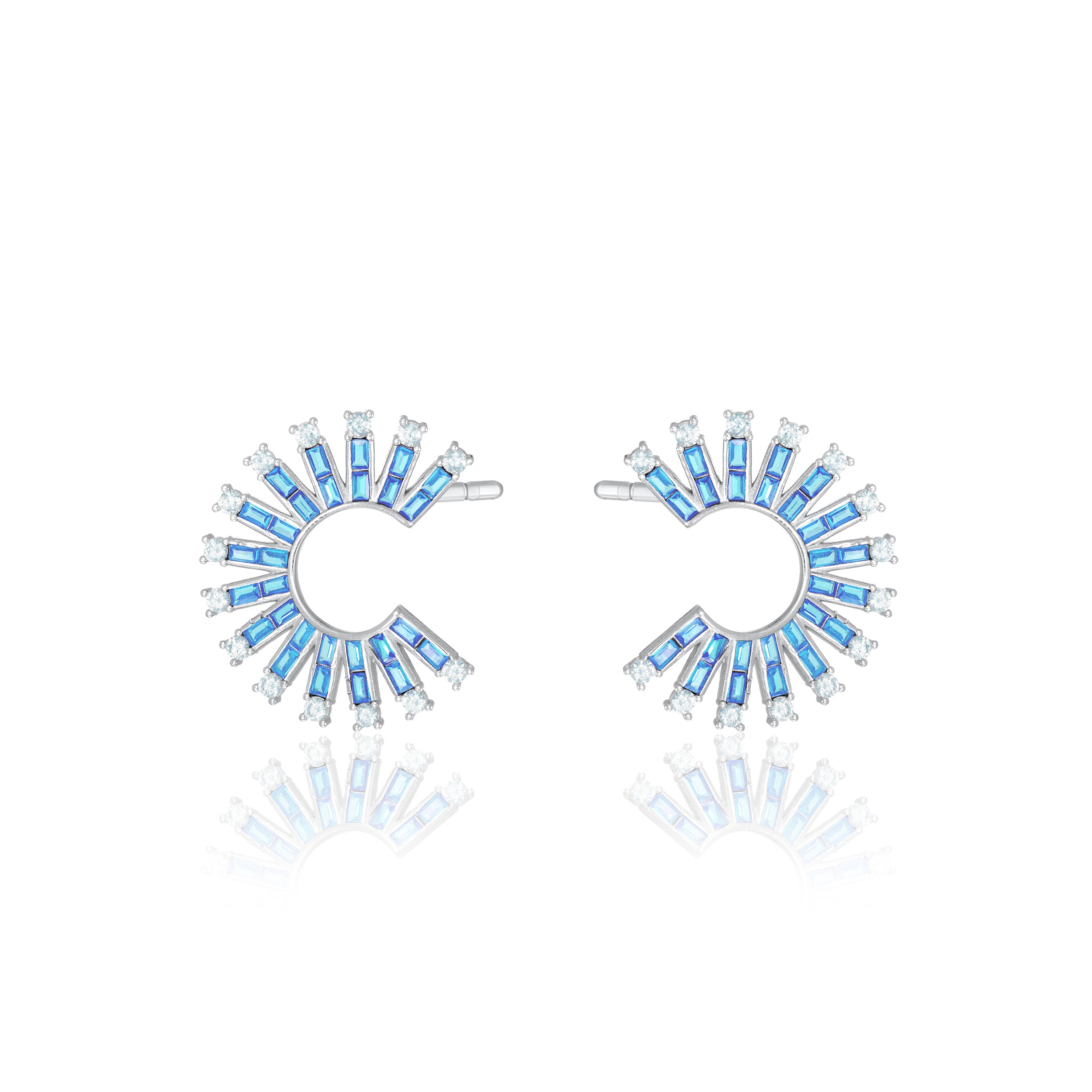 Cubic Zirconia Baguette Sun Rays C Shape Earrings - Aquamrine And White
