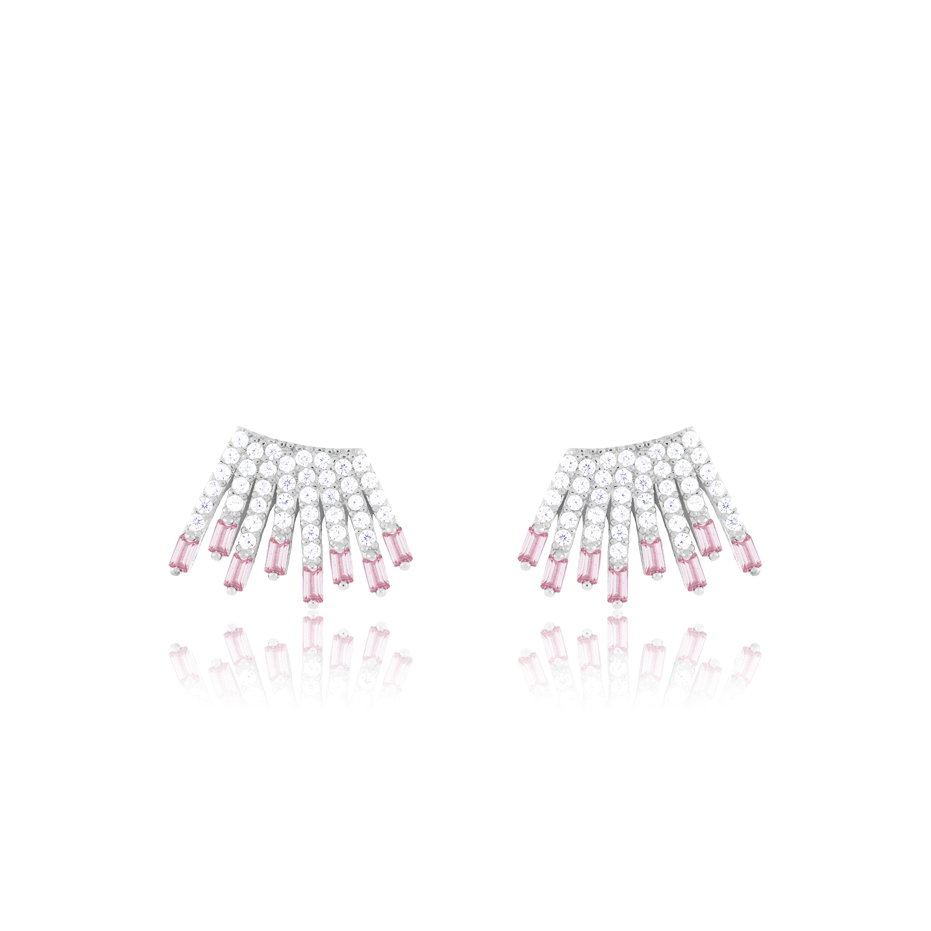 Cubic Zirconia Baguette Sun Rays Earrings - Silver Light Pink And White - Small