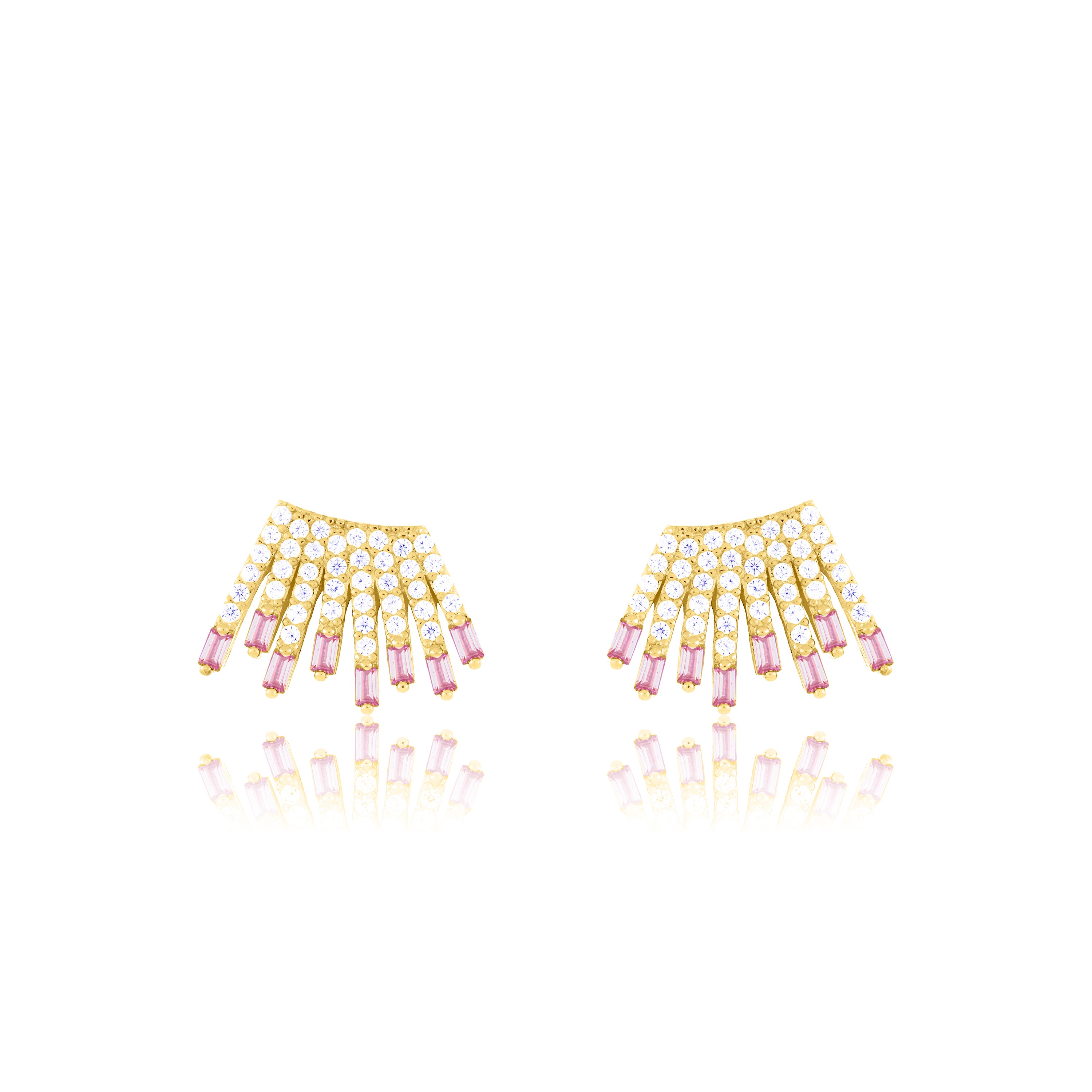 Cubic Zirconia Baguette Sun Rays Earrings - Gold Light Pink And White - Small