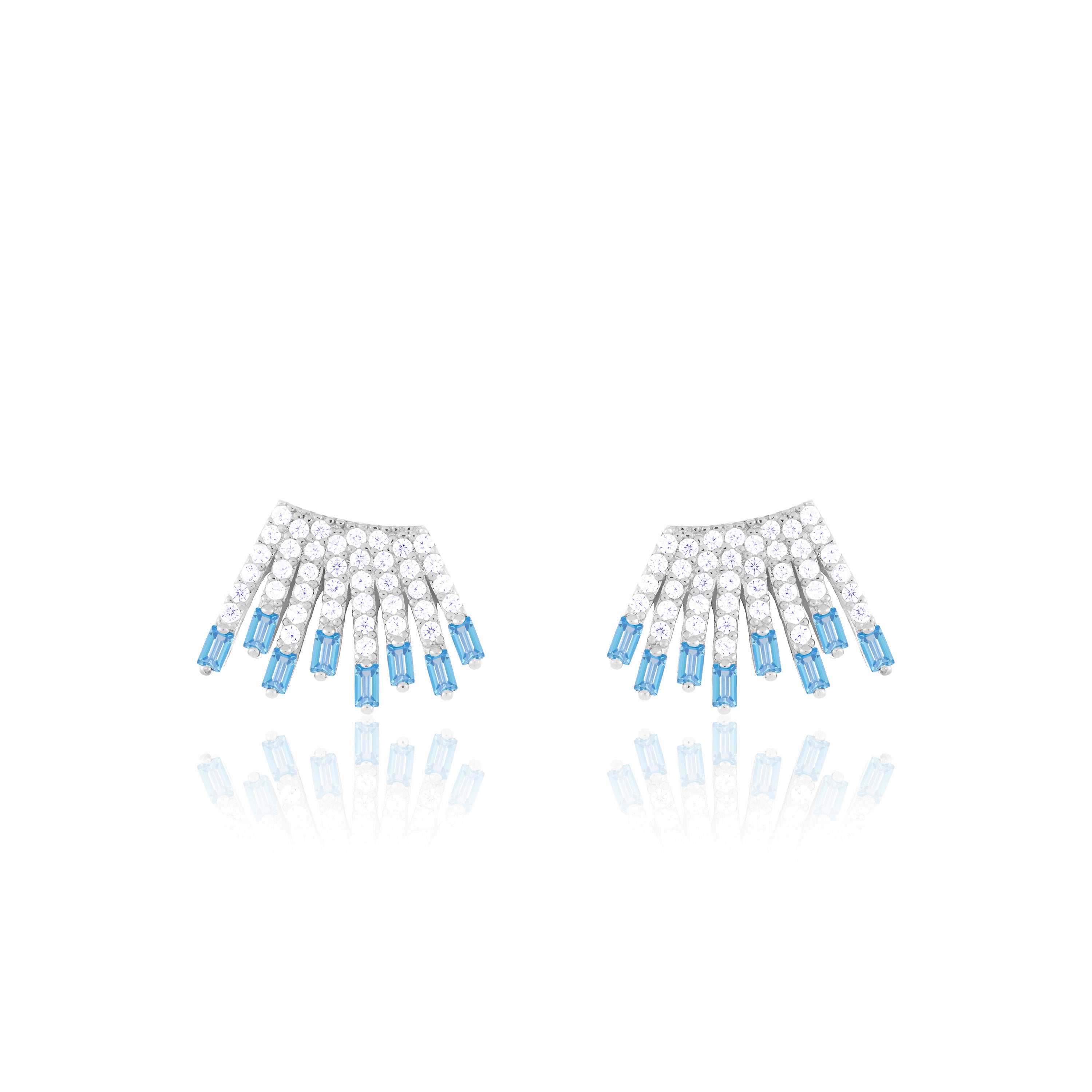 Cubic Zirconia Baguette Sun Rays Earrings - Silver Aquamrine And White - Small