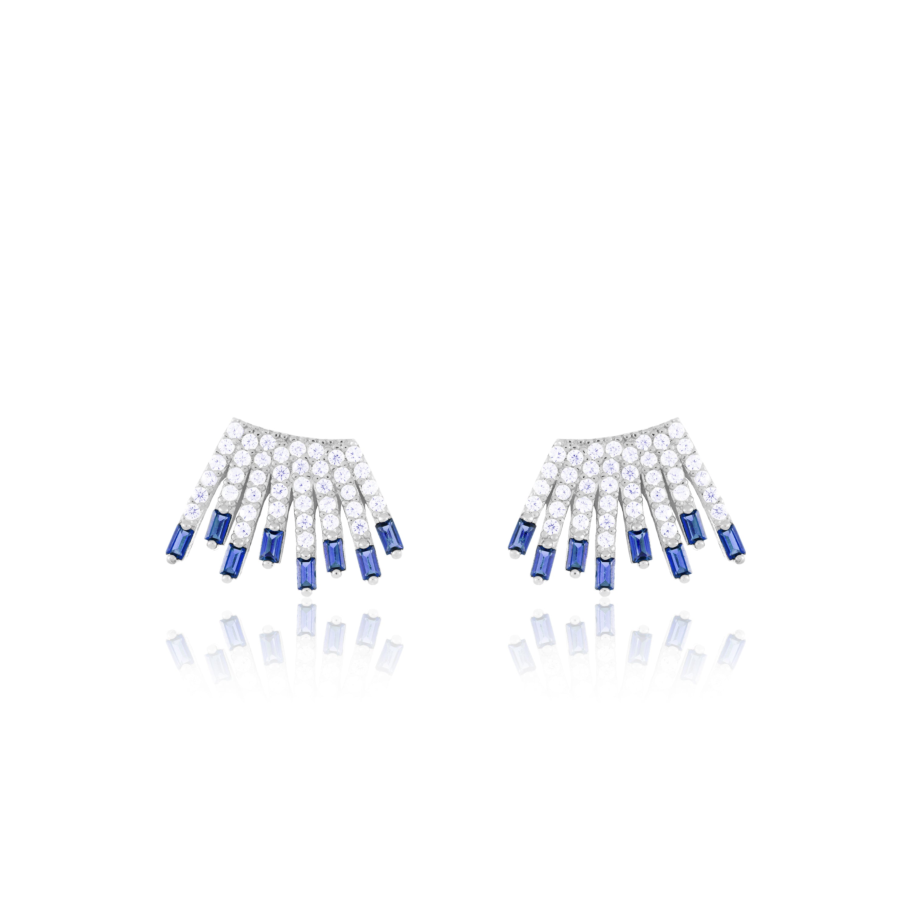 Cubic Zirconia Baguette Sun Rays Earrings - Silver Navy Blue And White - Small