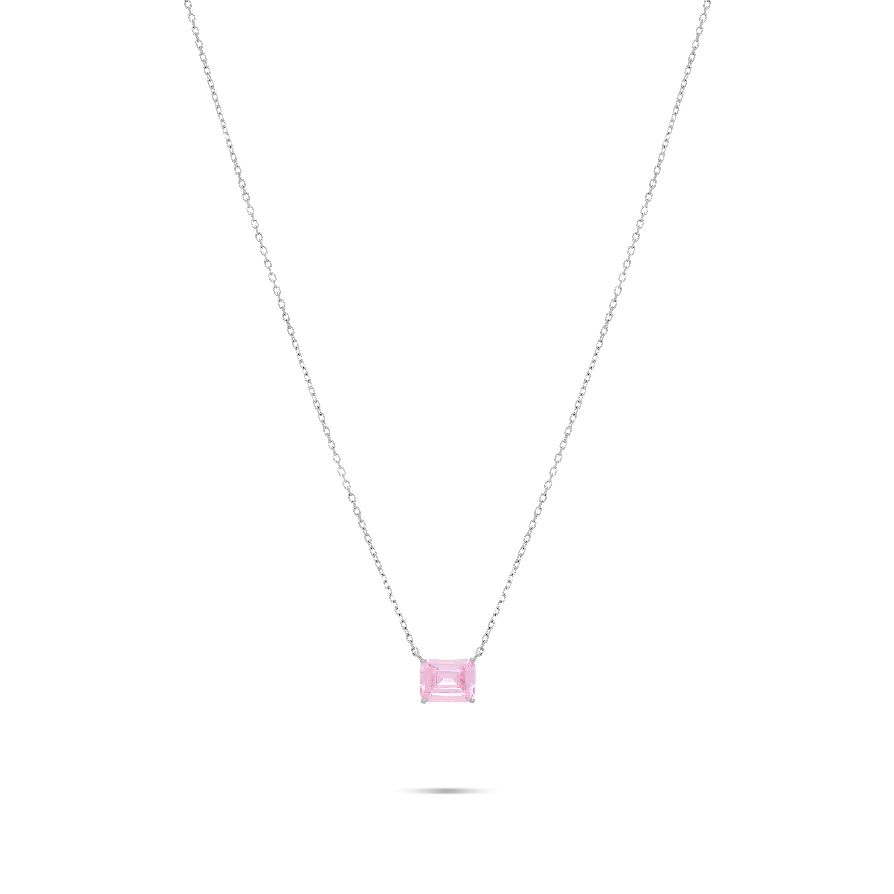 Cubic Zirconia Big Stone Chain Necklace - Silver Light Pink - Rectangle