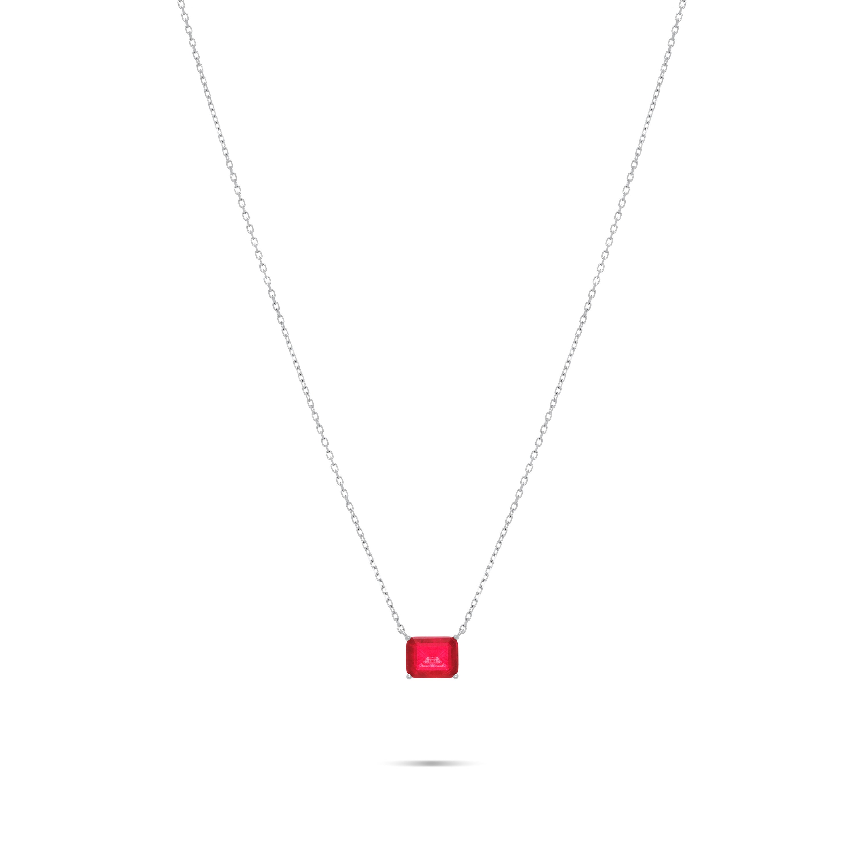 Cubic Zirconia Big Stone Chain Necklace - Silver Ruby Matt - Rectangle