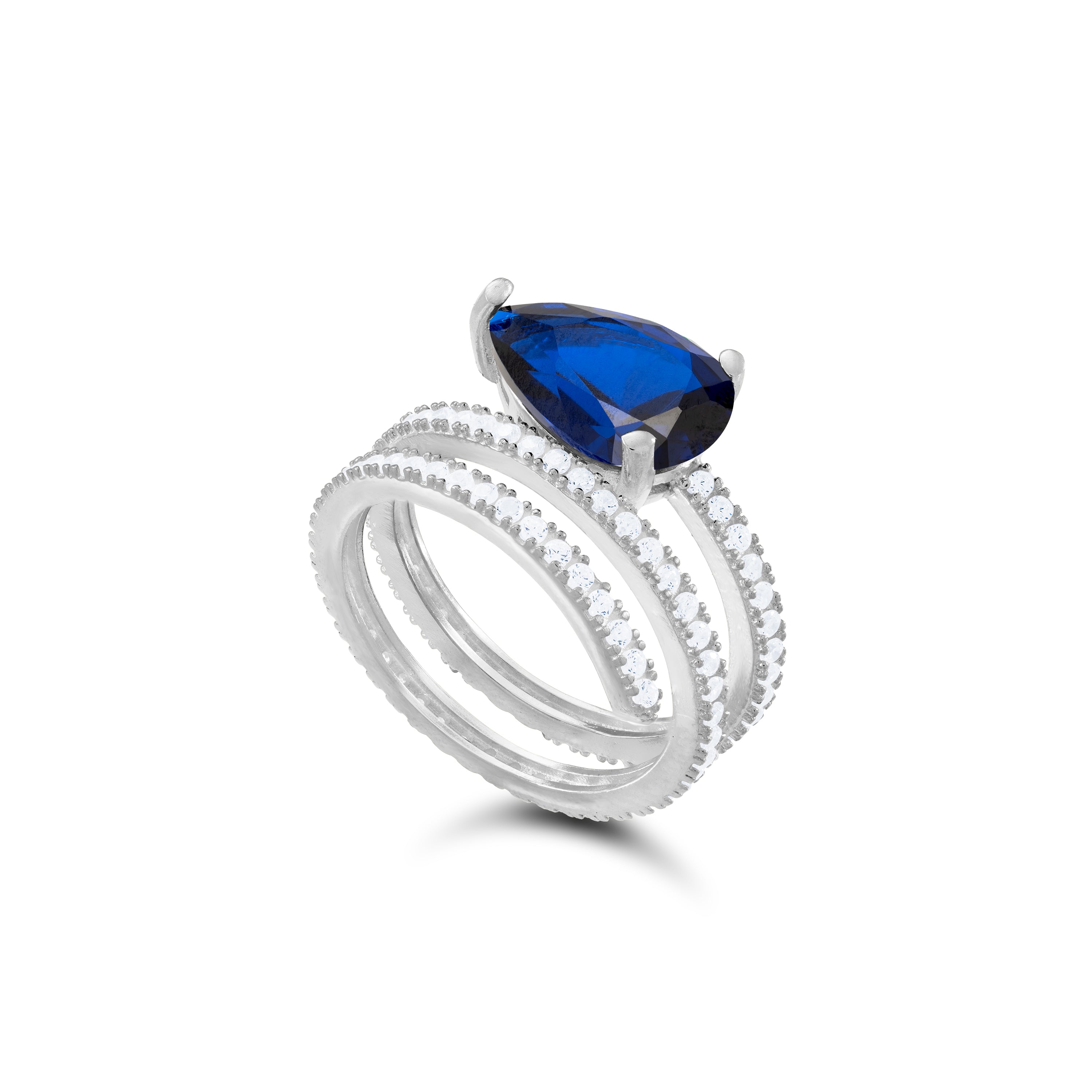 Cubic Zirconia Big Teardrop Spiral Ring - Silver Navy Blue And White