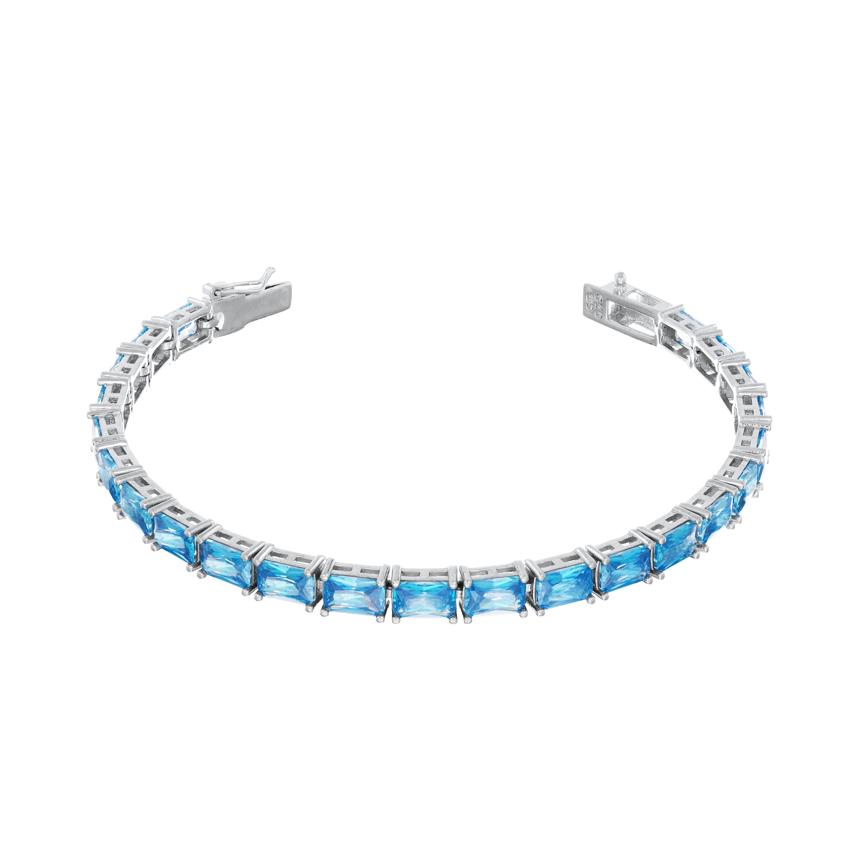 Cubic Zirconia Emerald Cut Tennis Bracelet With Box Clasp - Silver Aquamarine