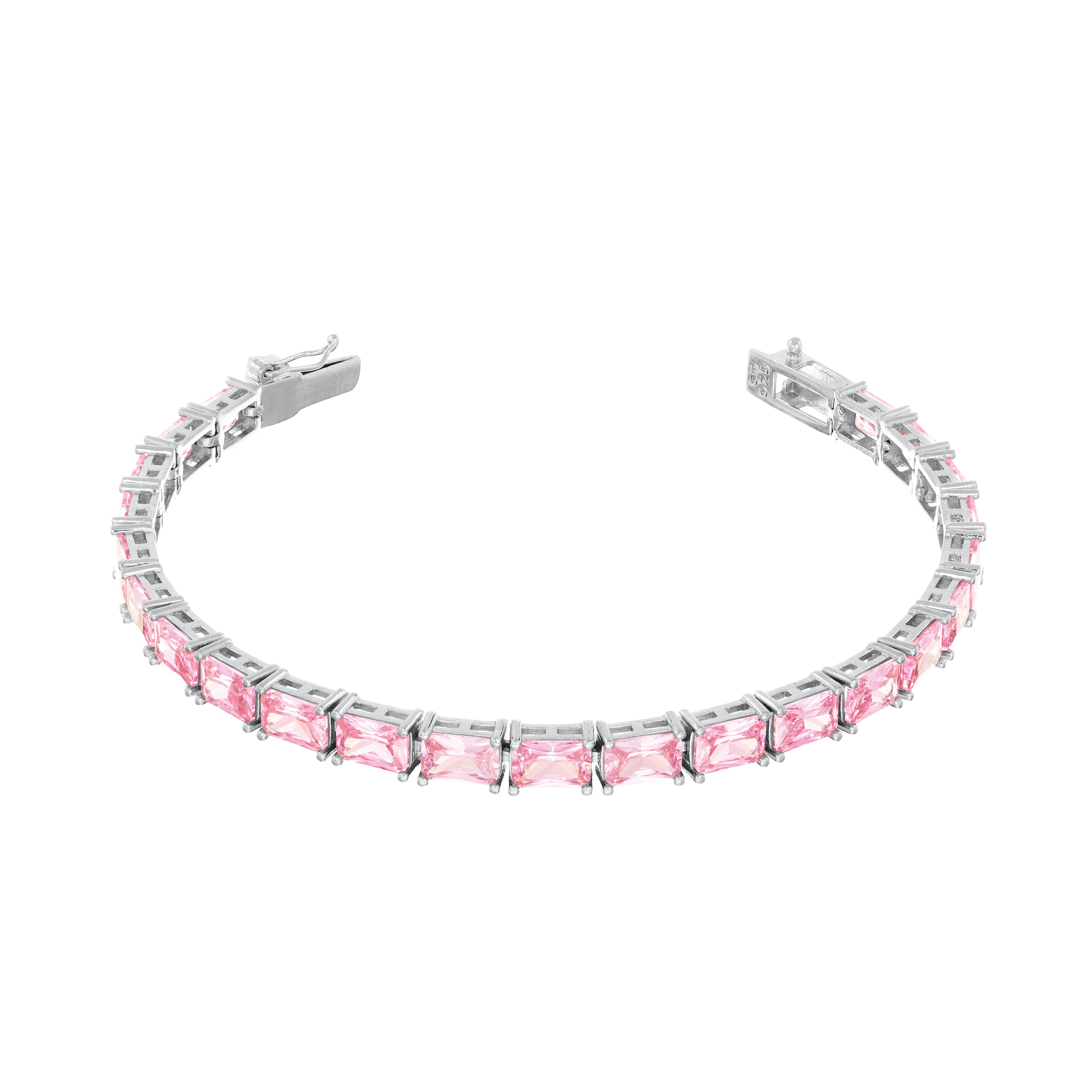 Cubic Zirconia Emerald Cut Tennis Bracelet With Box Clasp - Silver Light Pink