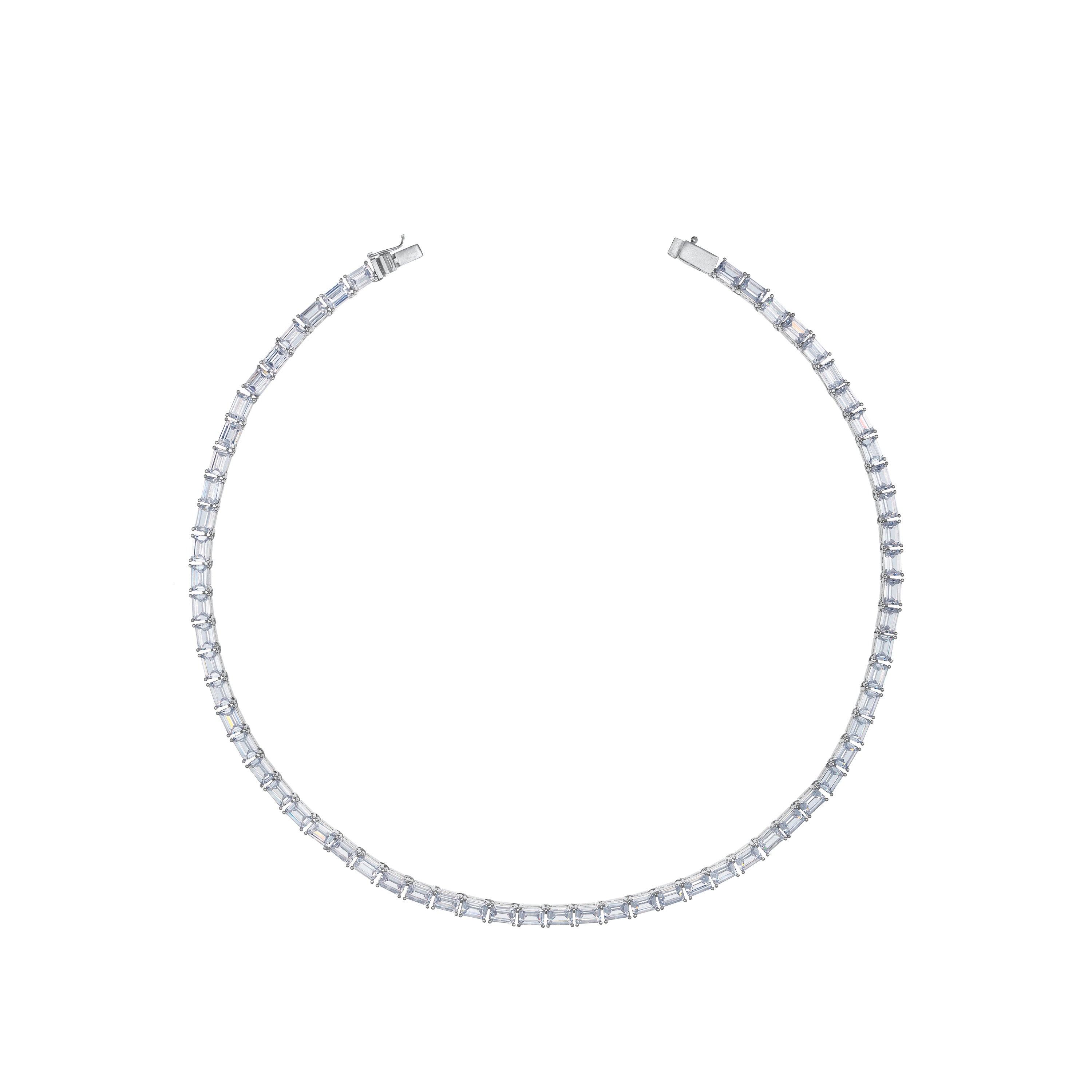 Cubic Zirconia Emerald Cut Tennis Necklace With Box Clasp - Silver White - 35cm