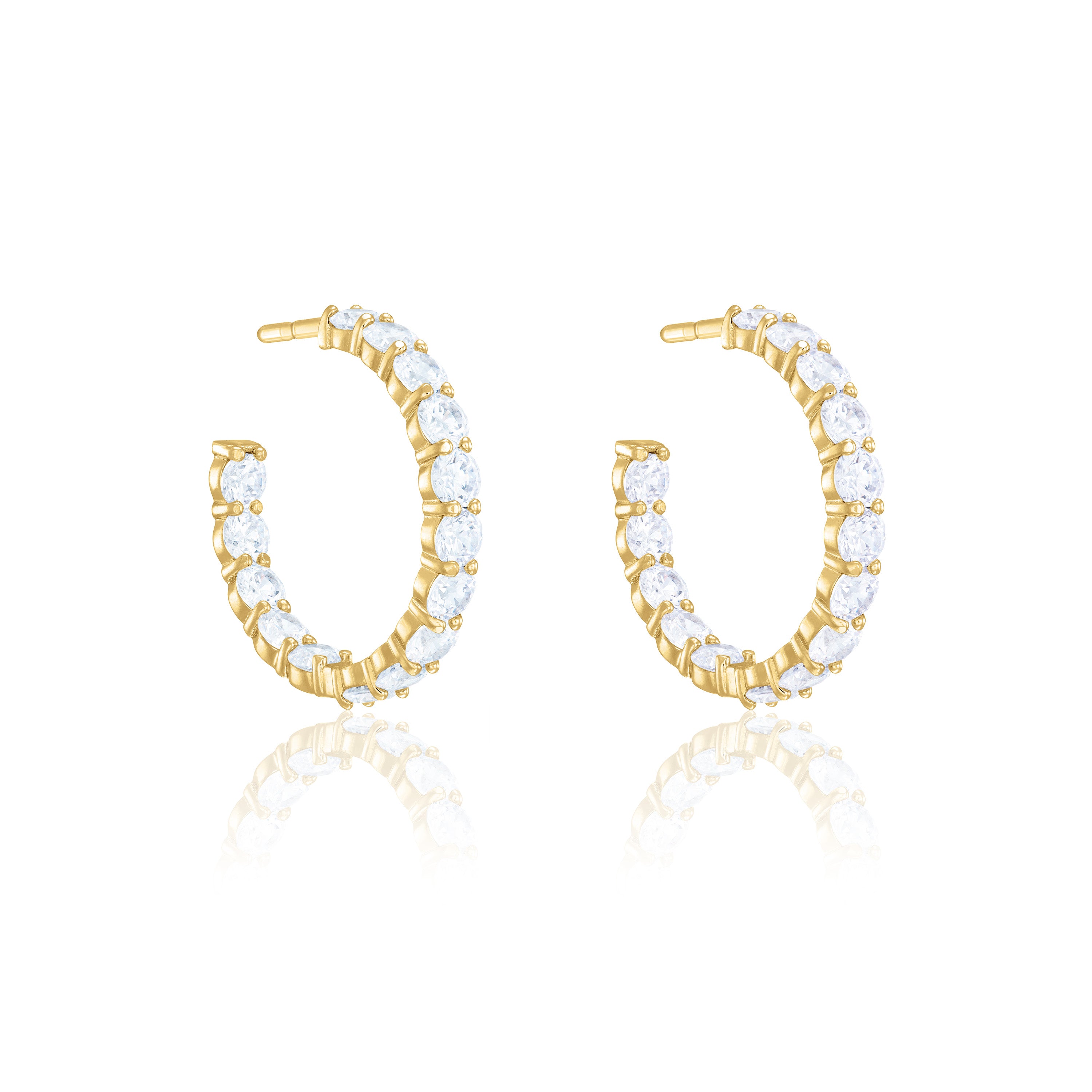 Cubic Zirconia Inside Out Semi Hoop Earrings - Gold White - Big
