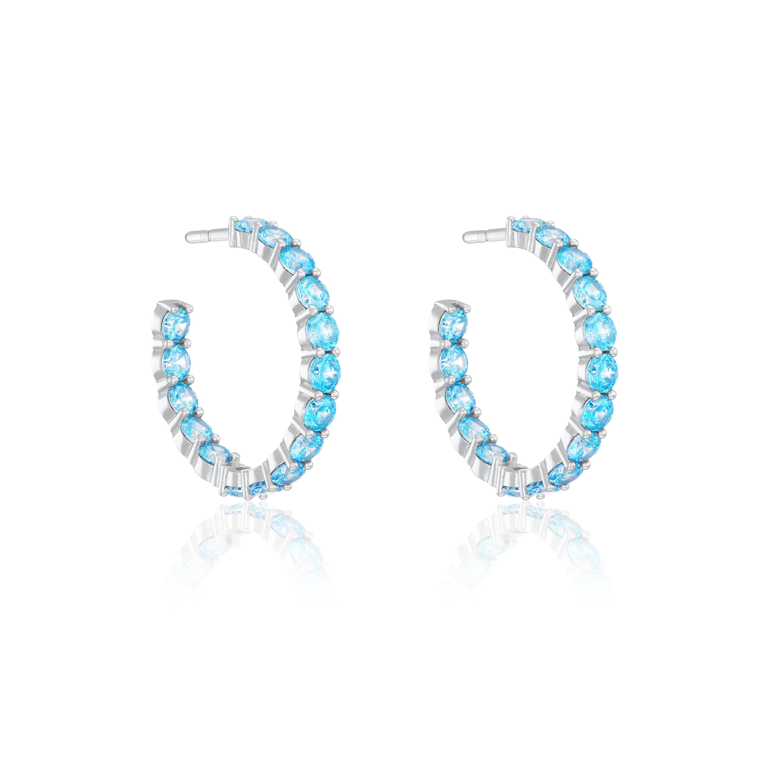 Cubic Zirconia Inside Out Semi Hoop Earrings - Silver Aquamarine
