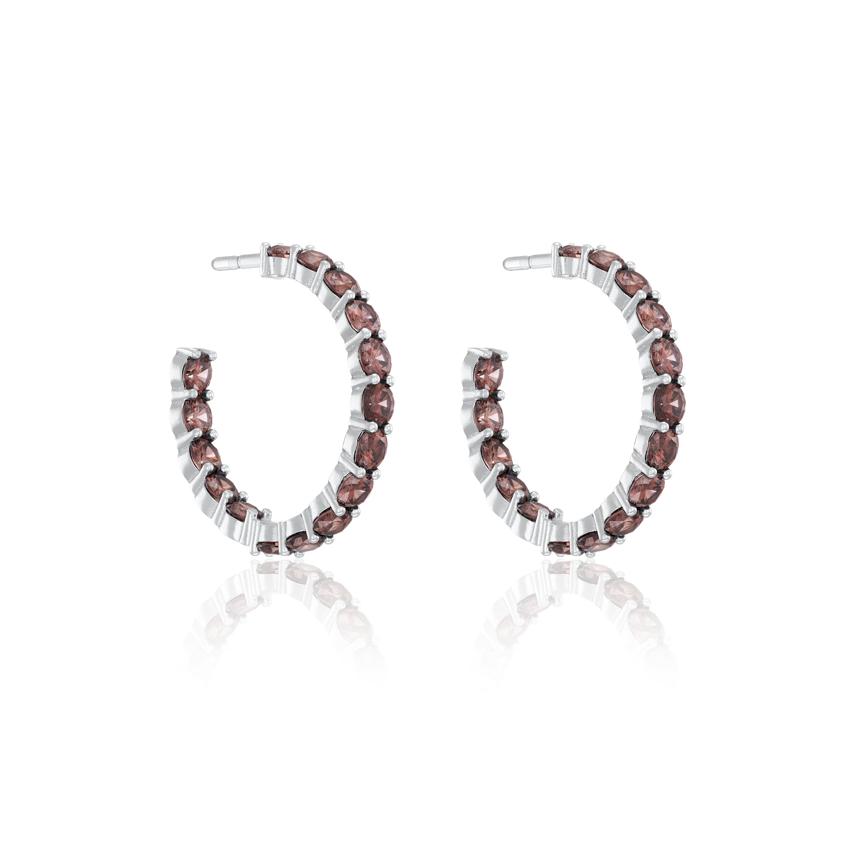 Cubic Zirconia Inside Out Semi Hoop Earrings - Silver Brown
