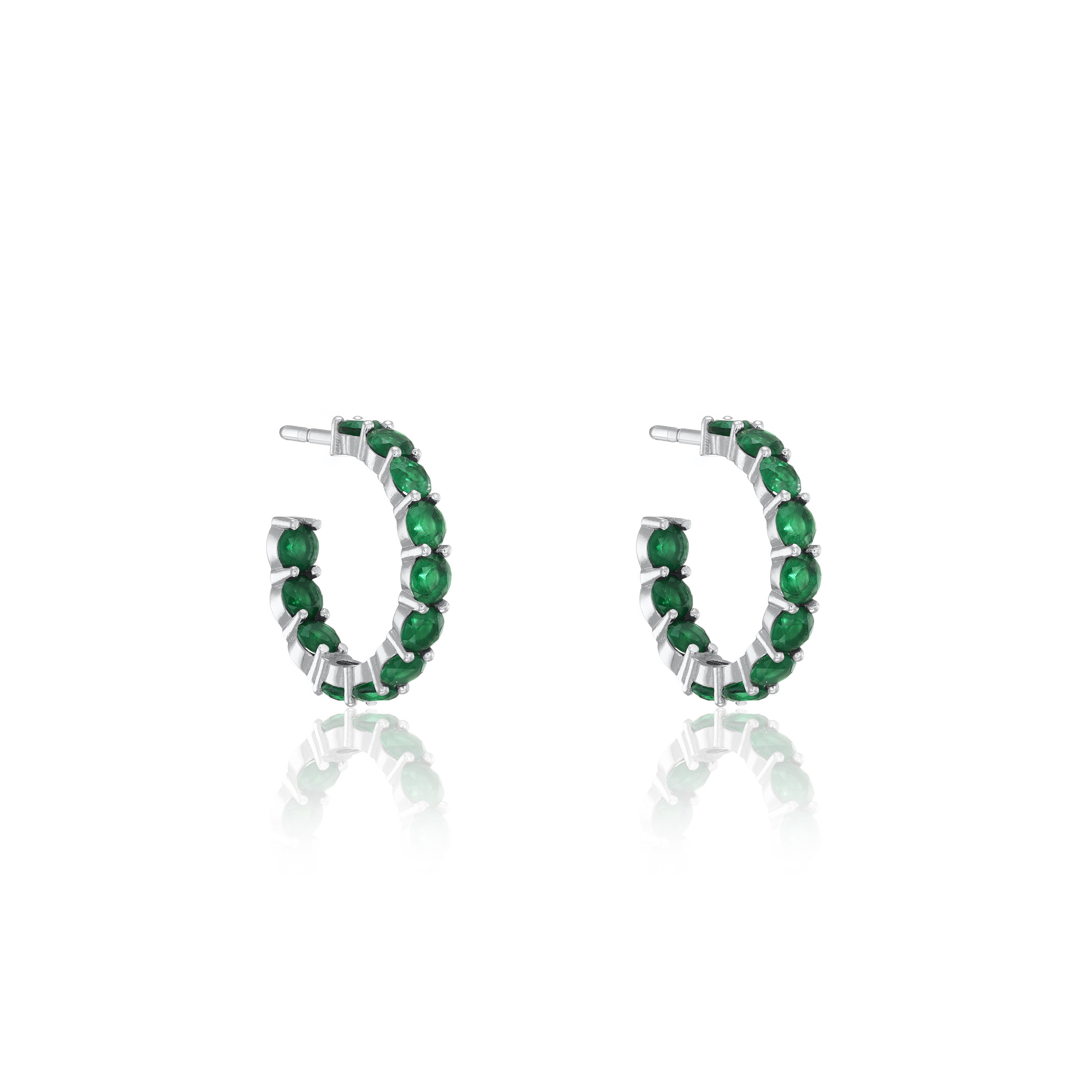 Cubic Zirconia Inside Out Semi Hoop Earrings - Silver Green Matt - Small