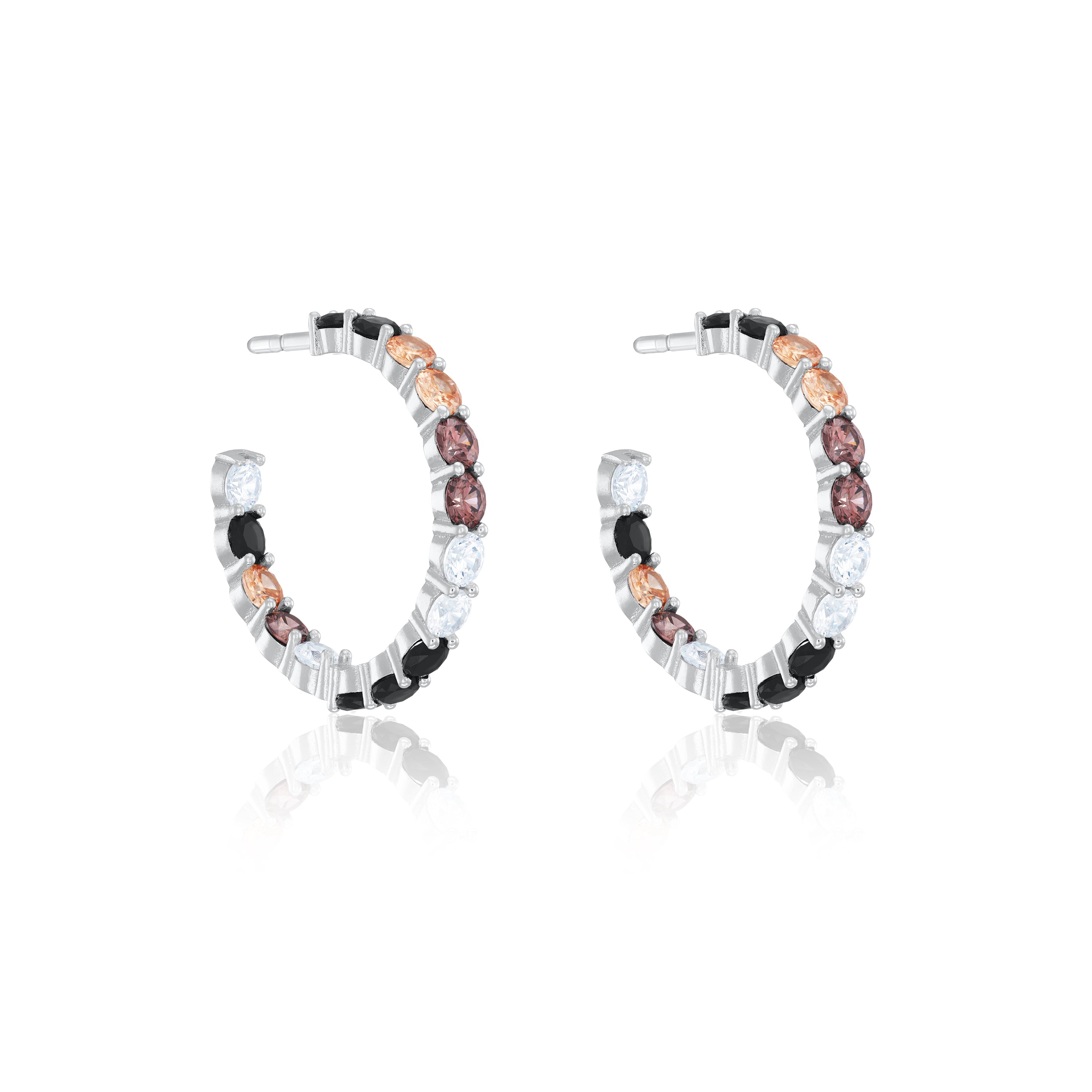 Cubic Zirconia Inside Out Semi Hoop Earrings - Silver Multicolor A