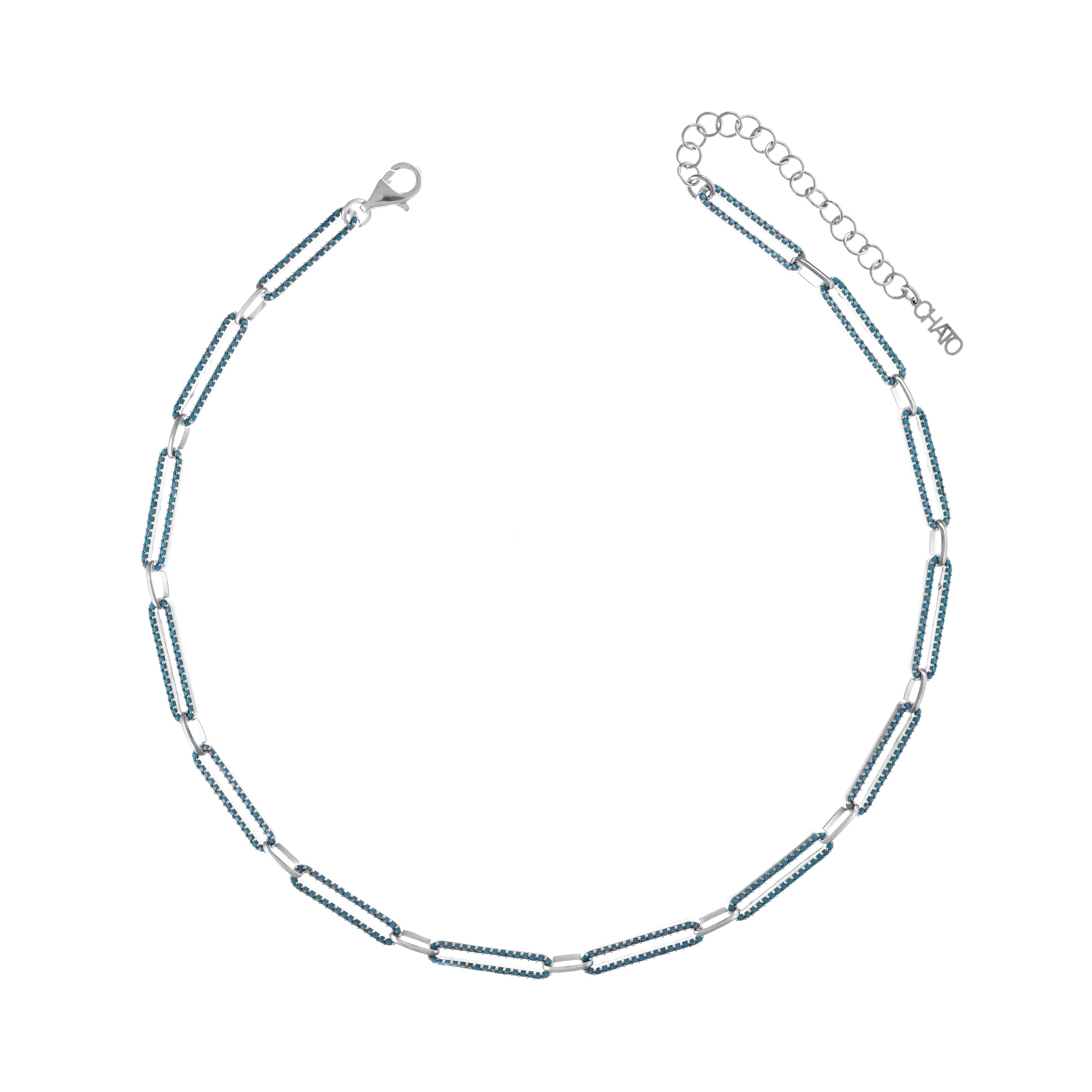 Cubic Zirconia Pave Paperclip Chain Link Choker - Silver Turquoise