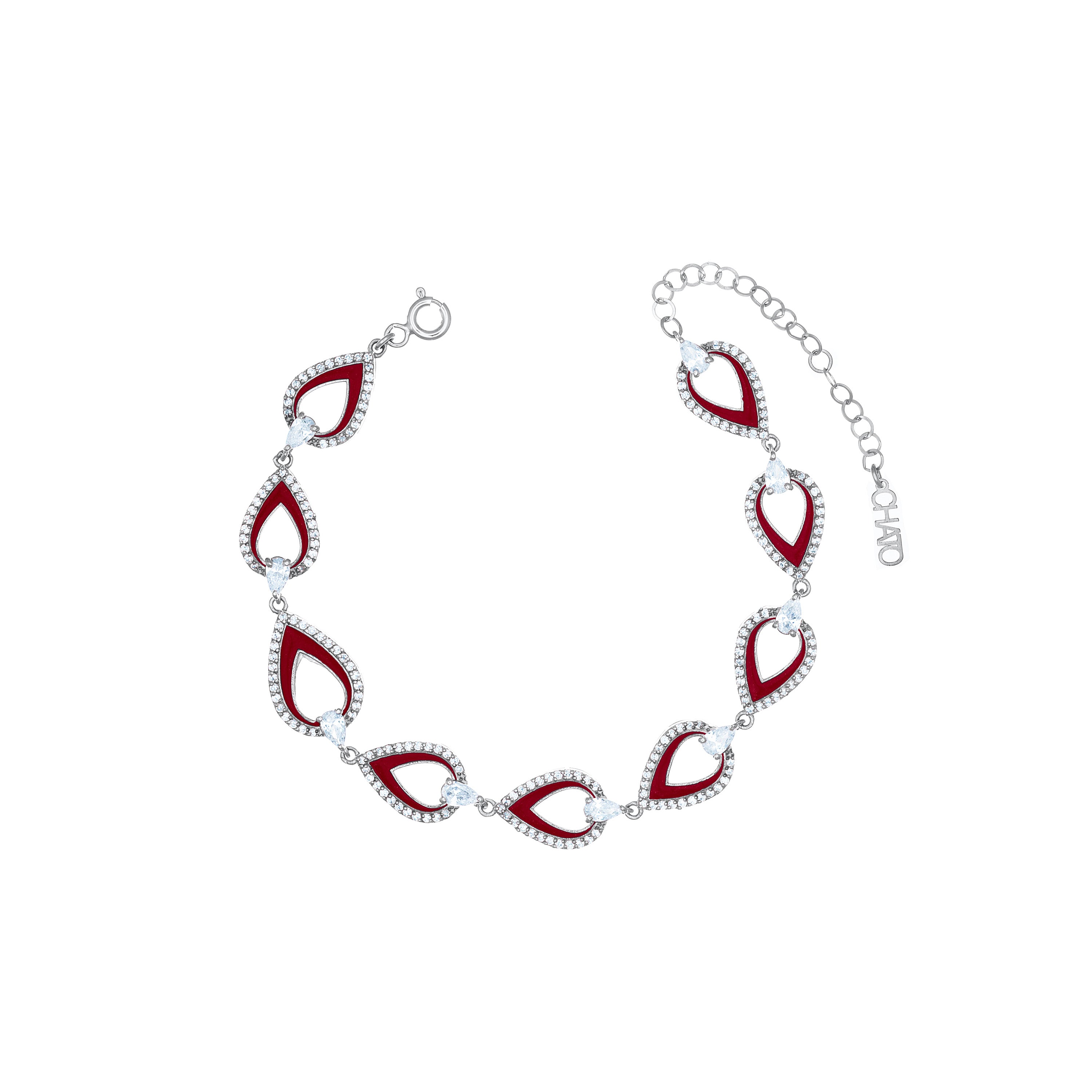 Cubic Zirconia Teardrop Pear Cut Shaped Enamel Bracelet - Silver Burgundy