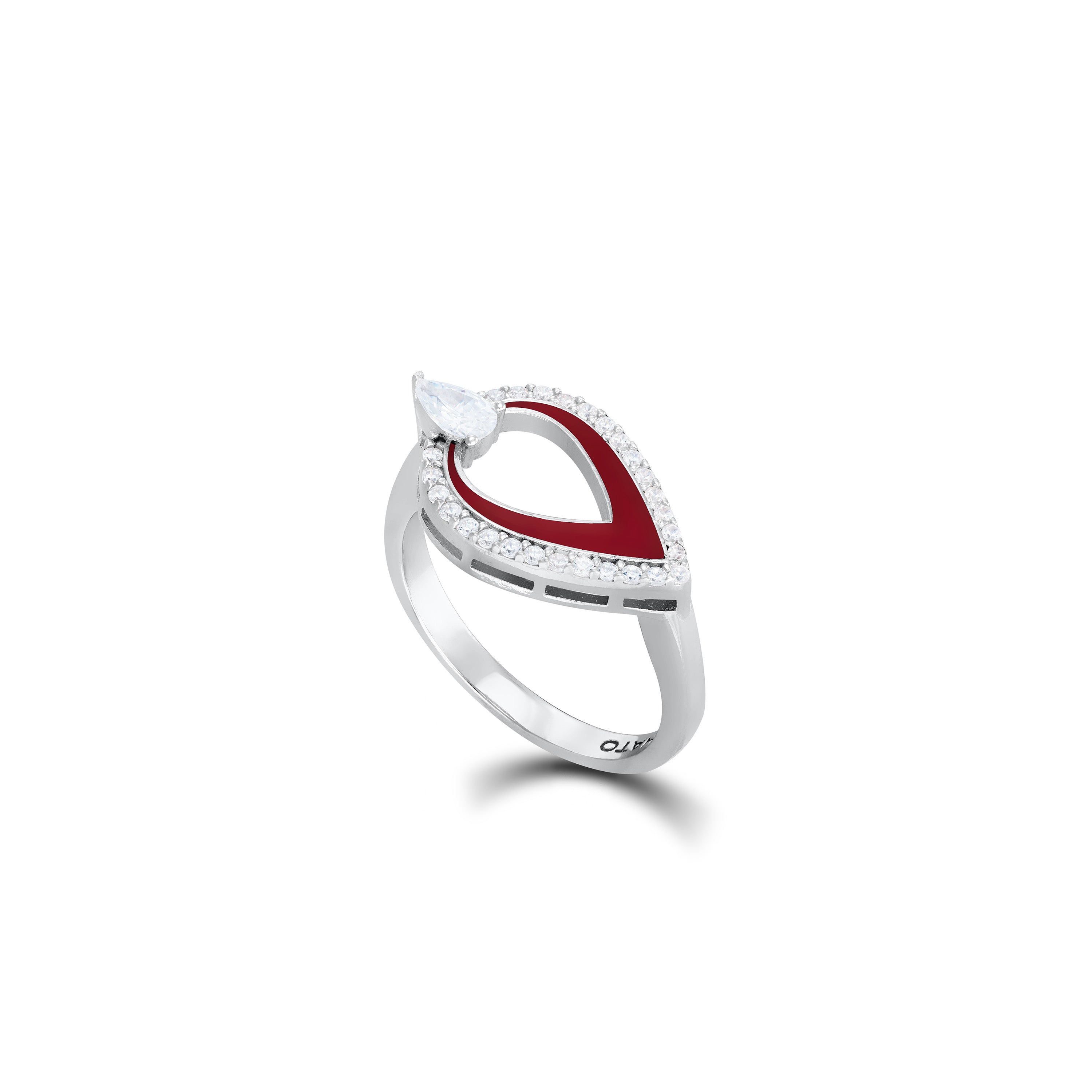 Cubic Zirconia Teardrop Pear Cut Shaped Enamel Ring - Silver Burgundy