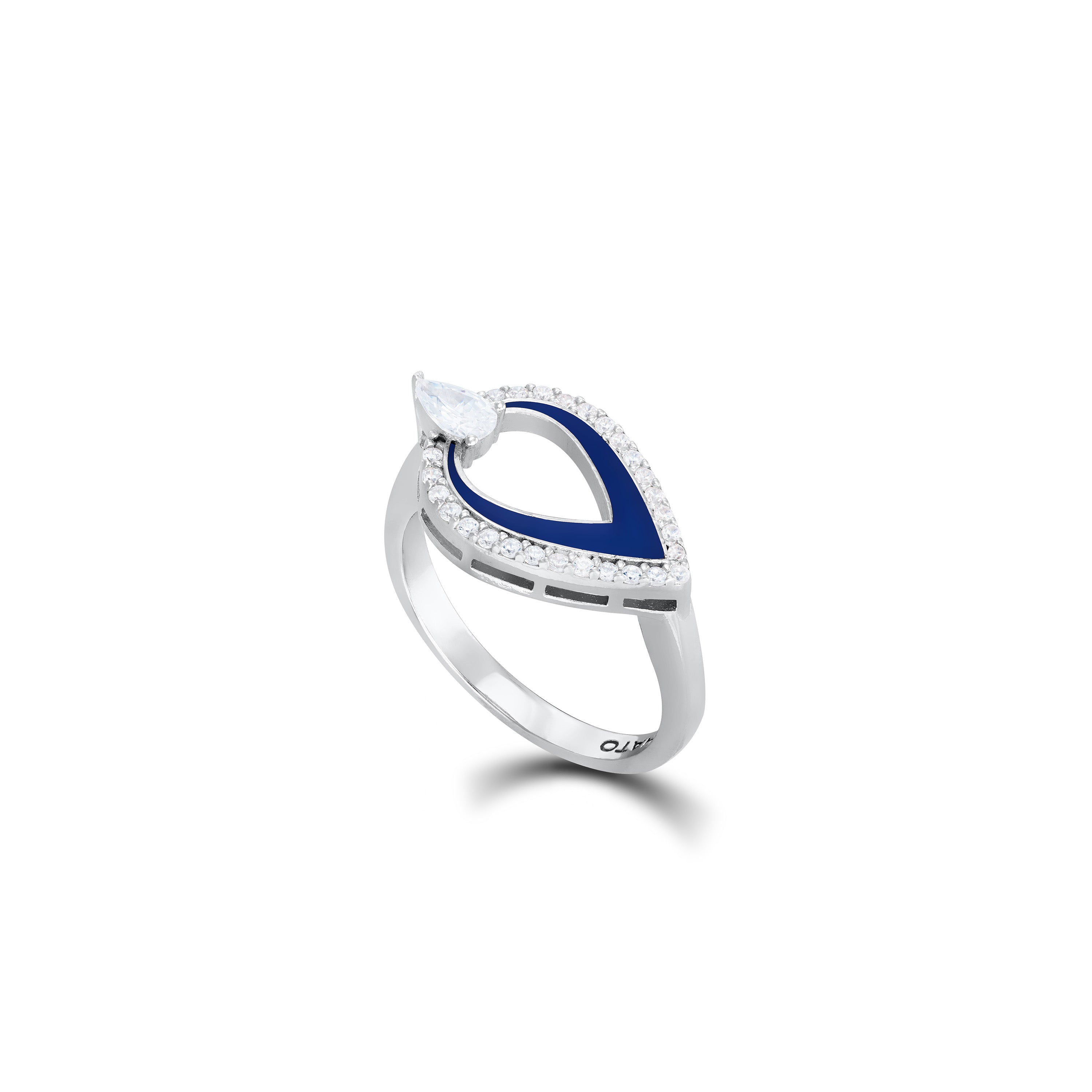 Cubic Zirconia Teardrop Pear Cut Shaped Enamel Ring - Silver Navy Blue