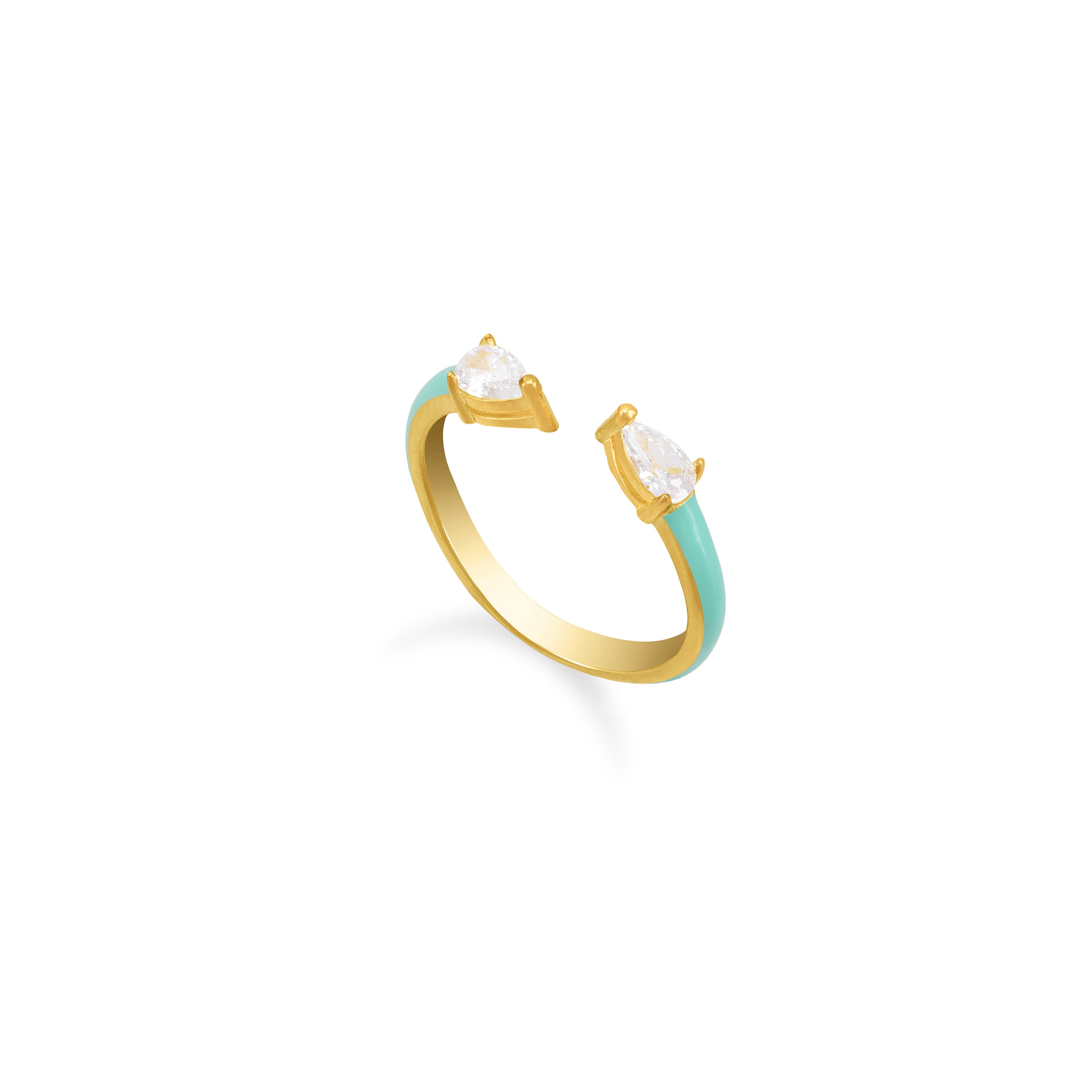 Double Pear Cubic Zirconia Enamel Open Ring - Gold Mint Green