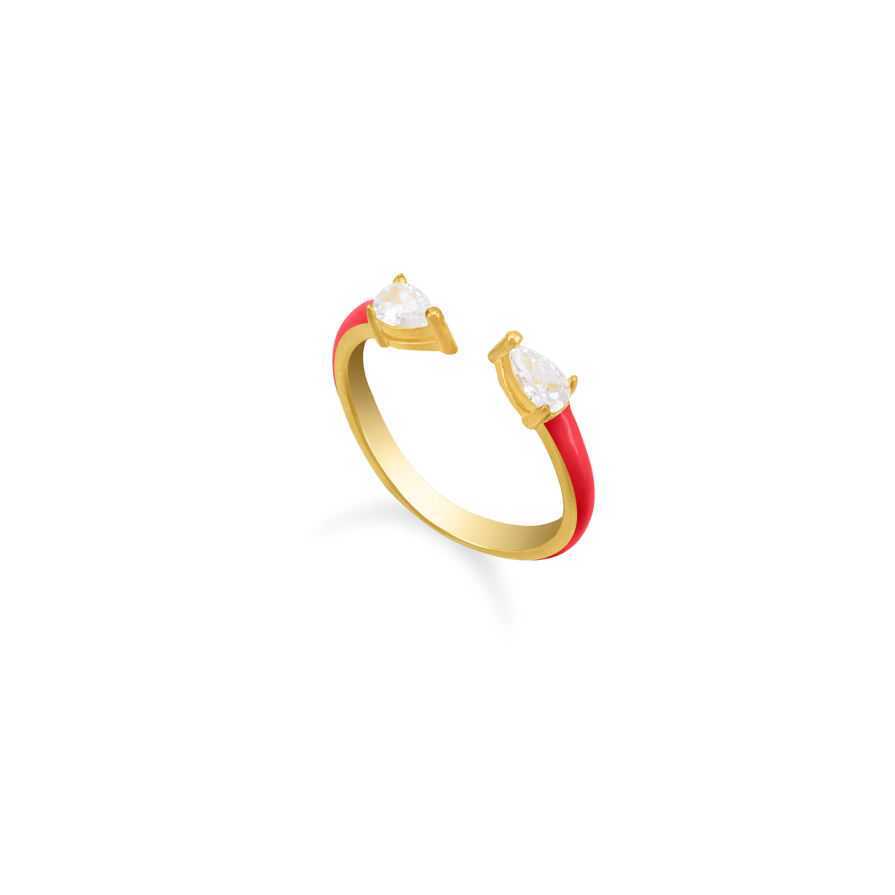 Double Pear Cubic Zirconia Enamel Open Ring - Gold Red
