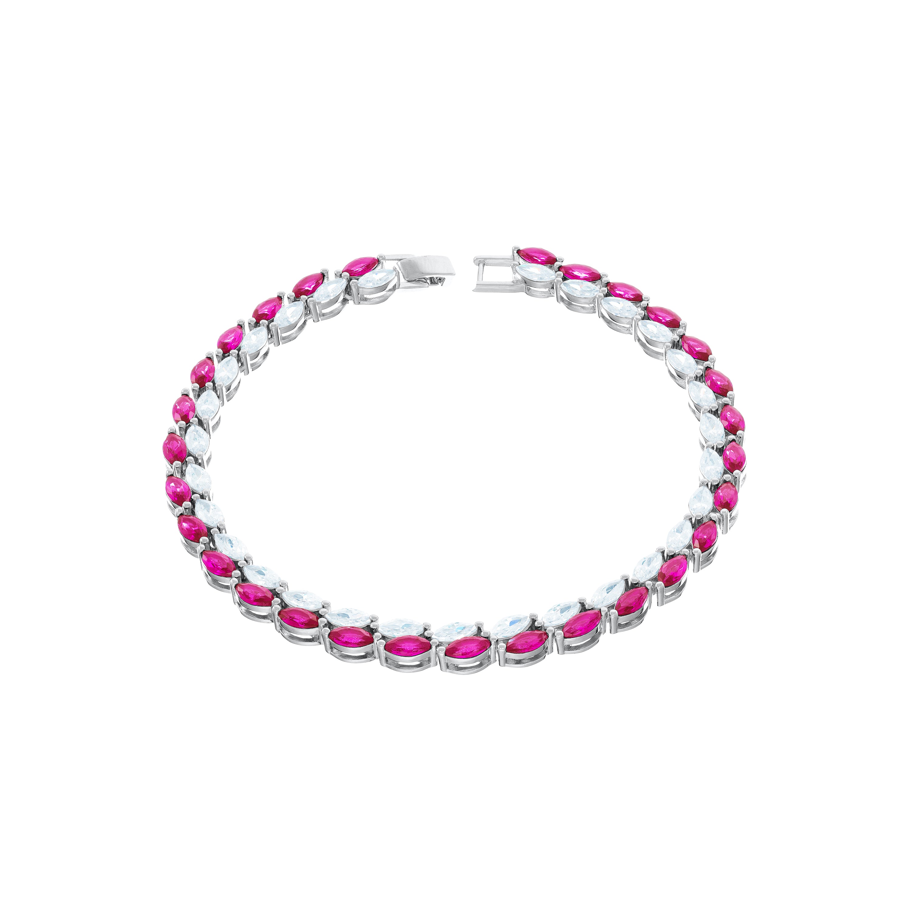 Double Marquise Line Tennis Bracelet - Silver Fuschia jade matt And White