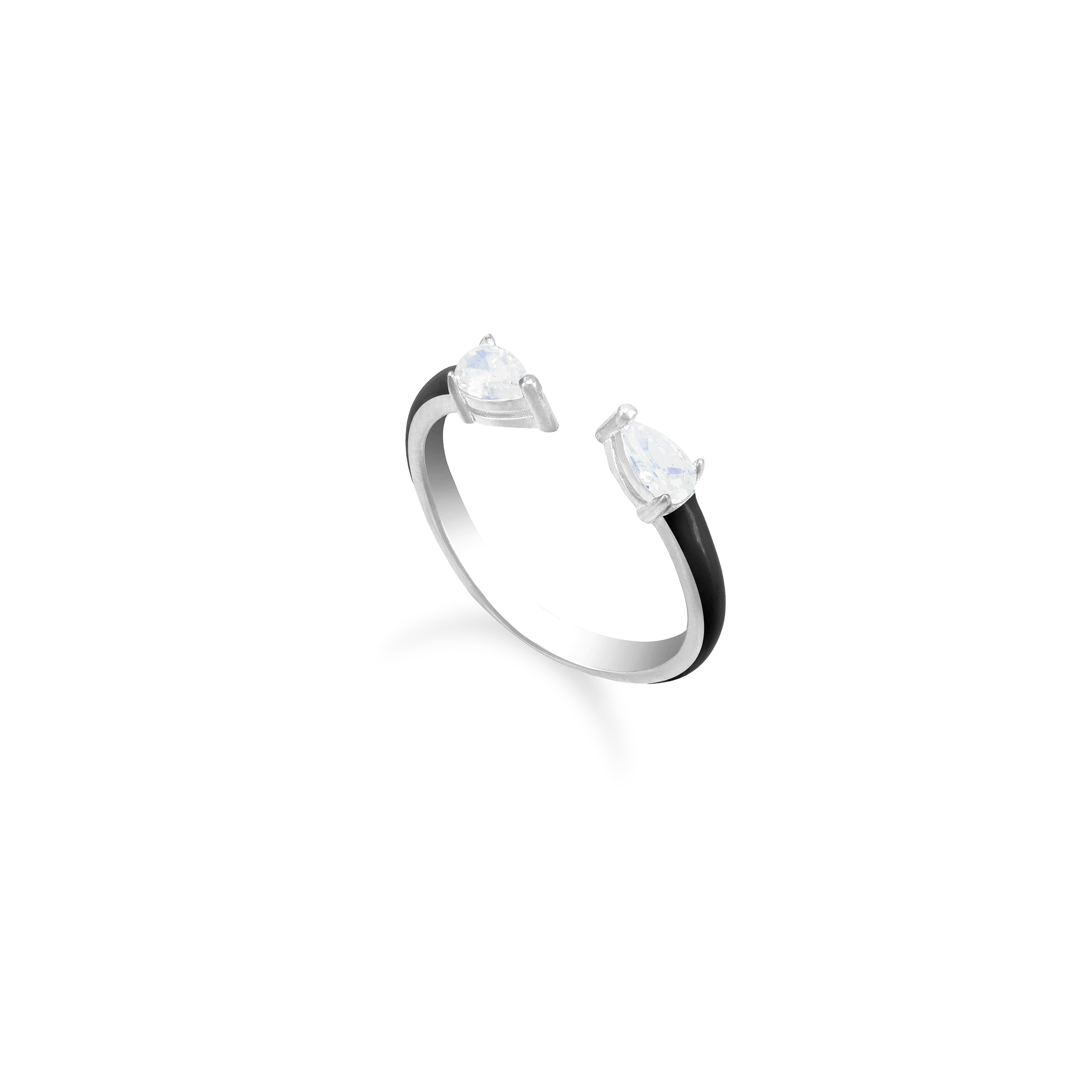 Double Pear Cubic Zirconia Enamel Open Ring - Silver Black