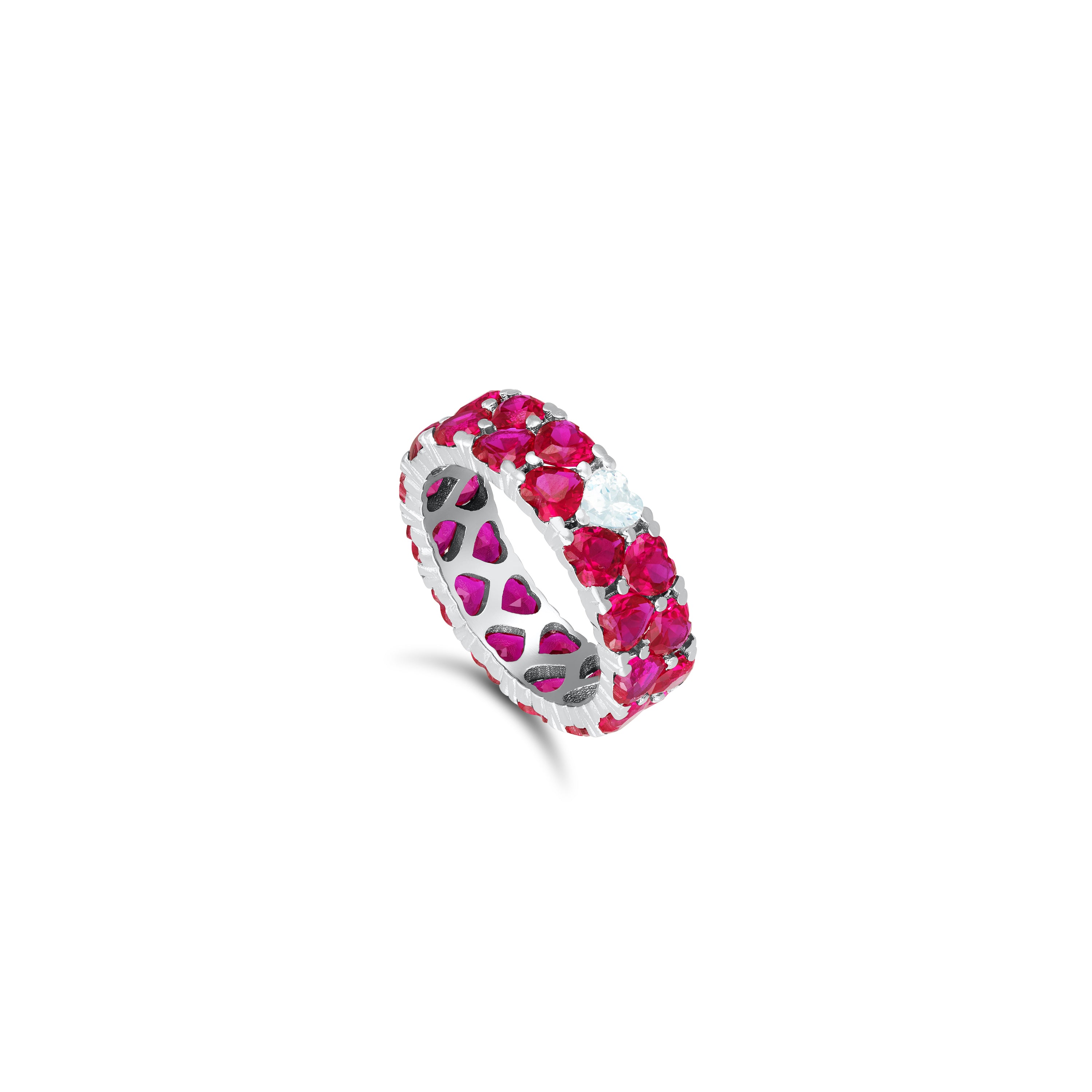 Double Line Heart Eternity Ring - Silver Fushia And White