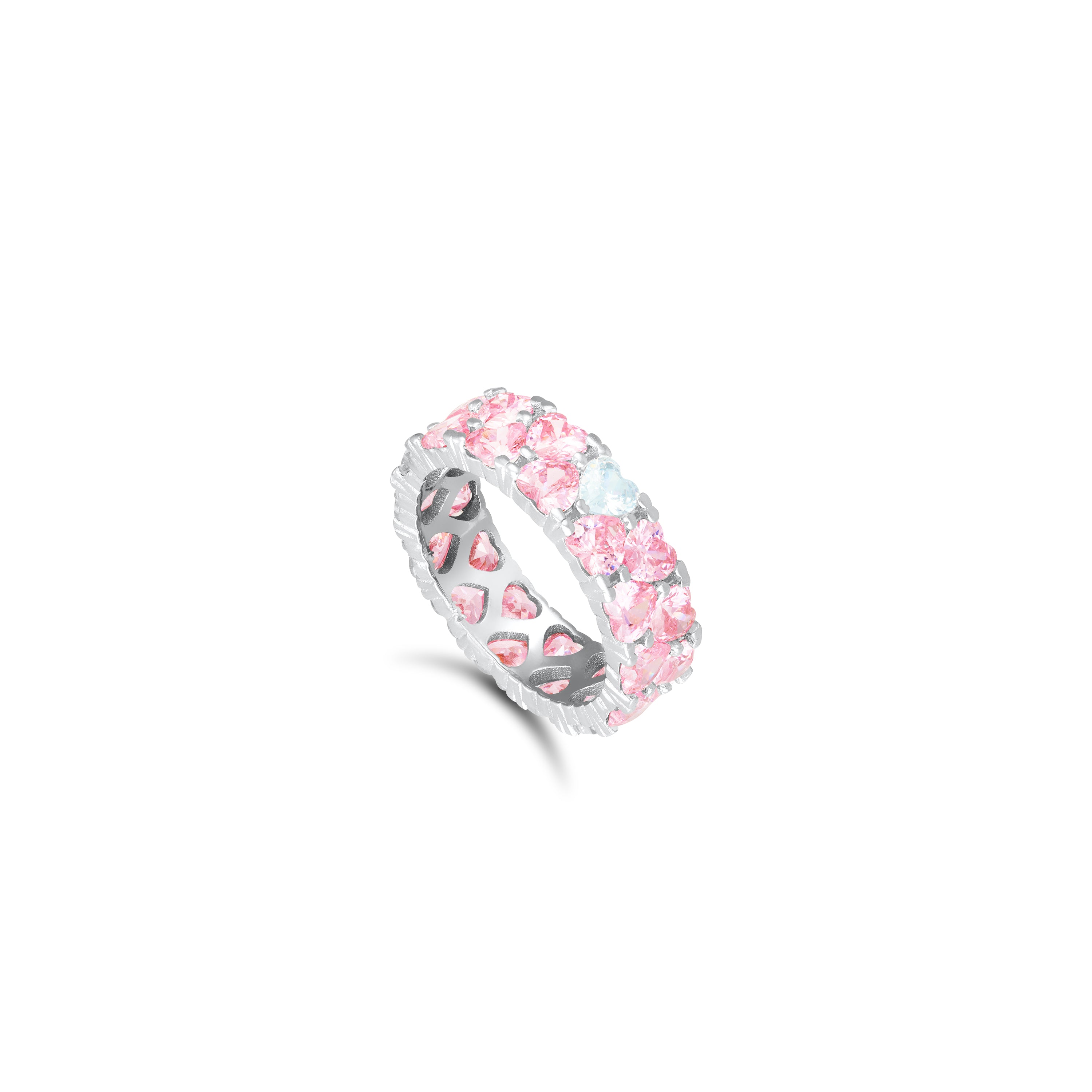 Double Line Heart Eternity Ring - Silver Light Pink And White