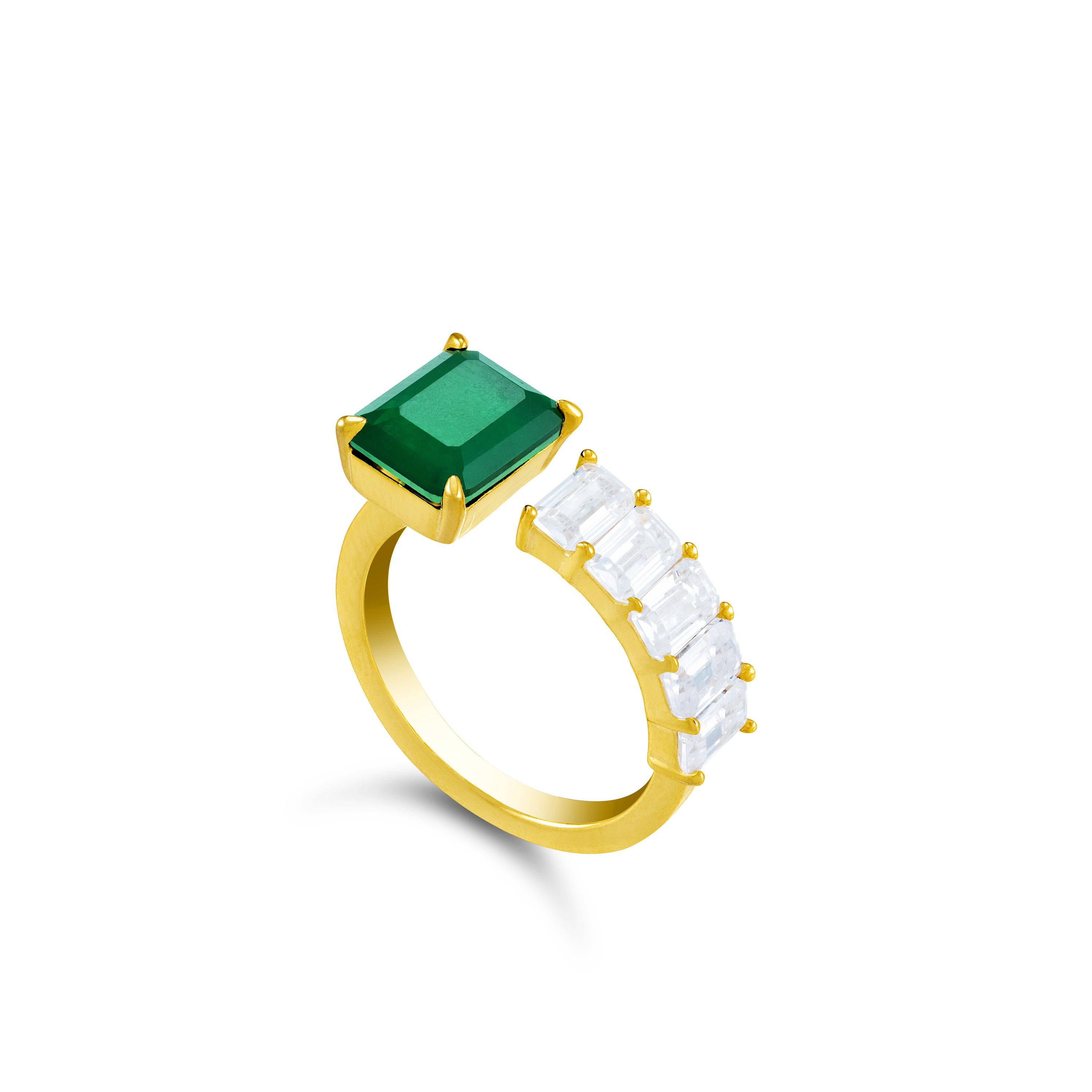 Emerald And Baguette Cut Open Ring - Gold Green Matt And White