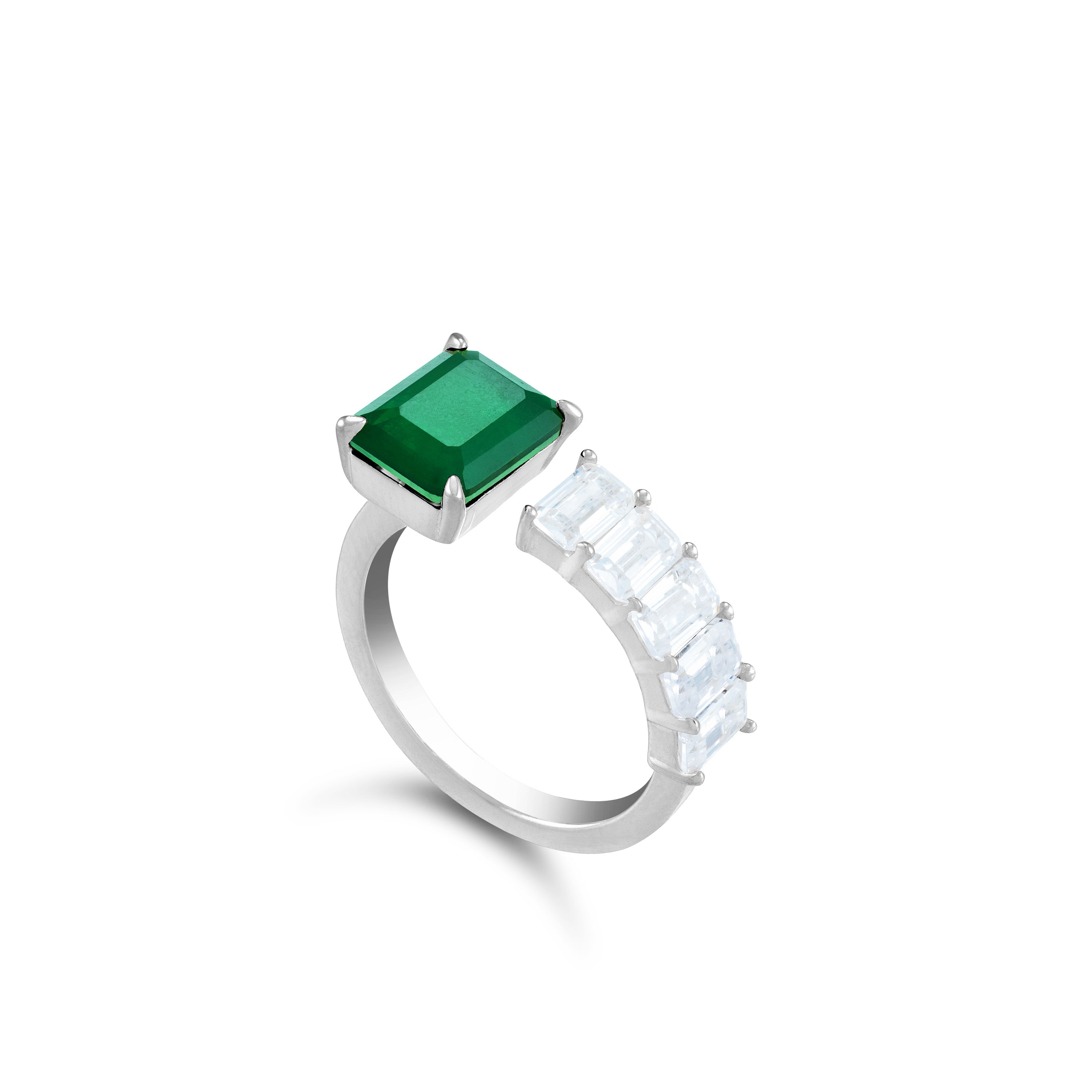 Emerald And Baguette Cut Open Ring - Silver Green Matt And White