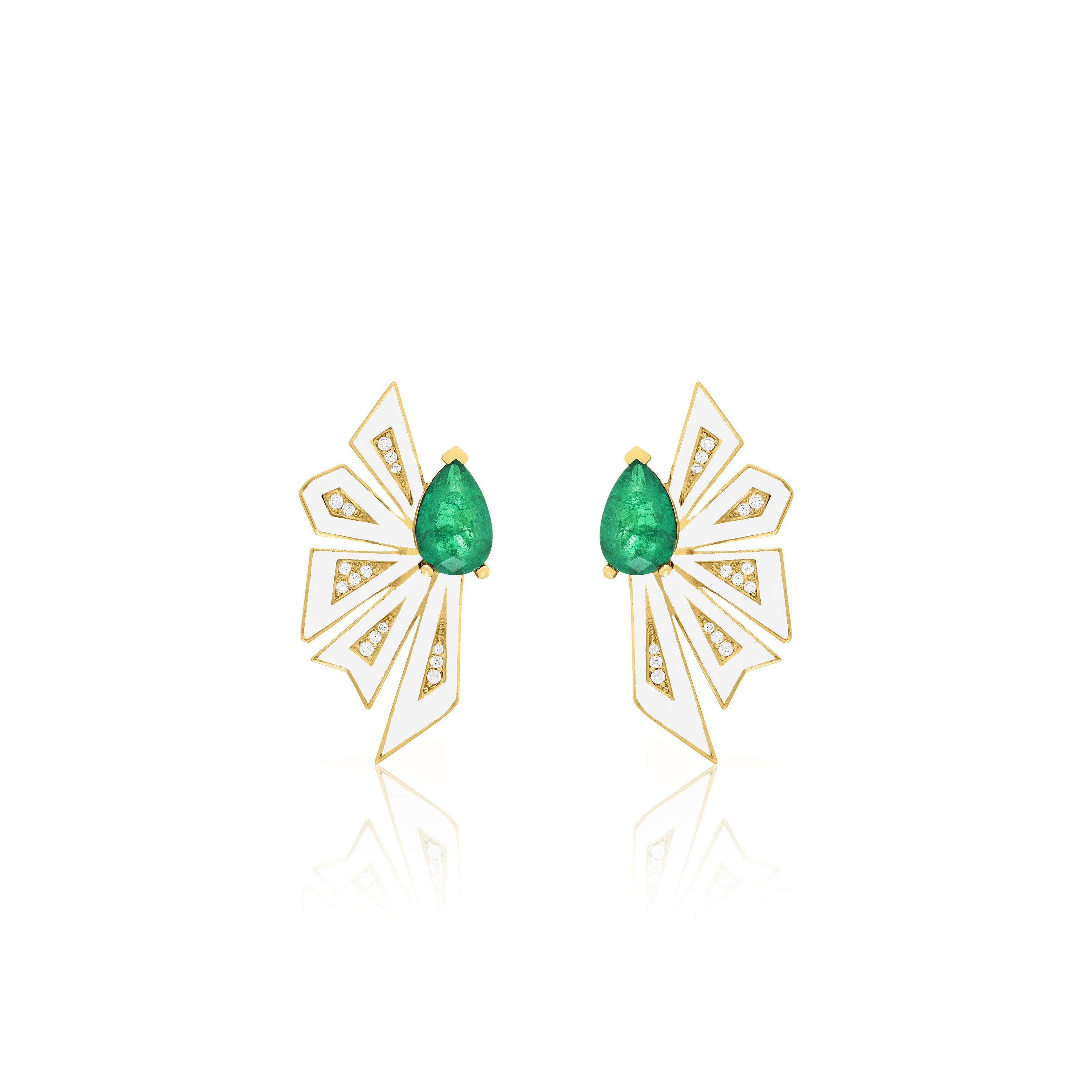 Enamel Half Flower With One Big Teardrop Earrings - Gold Green And White