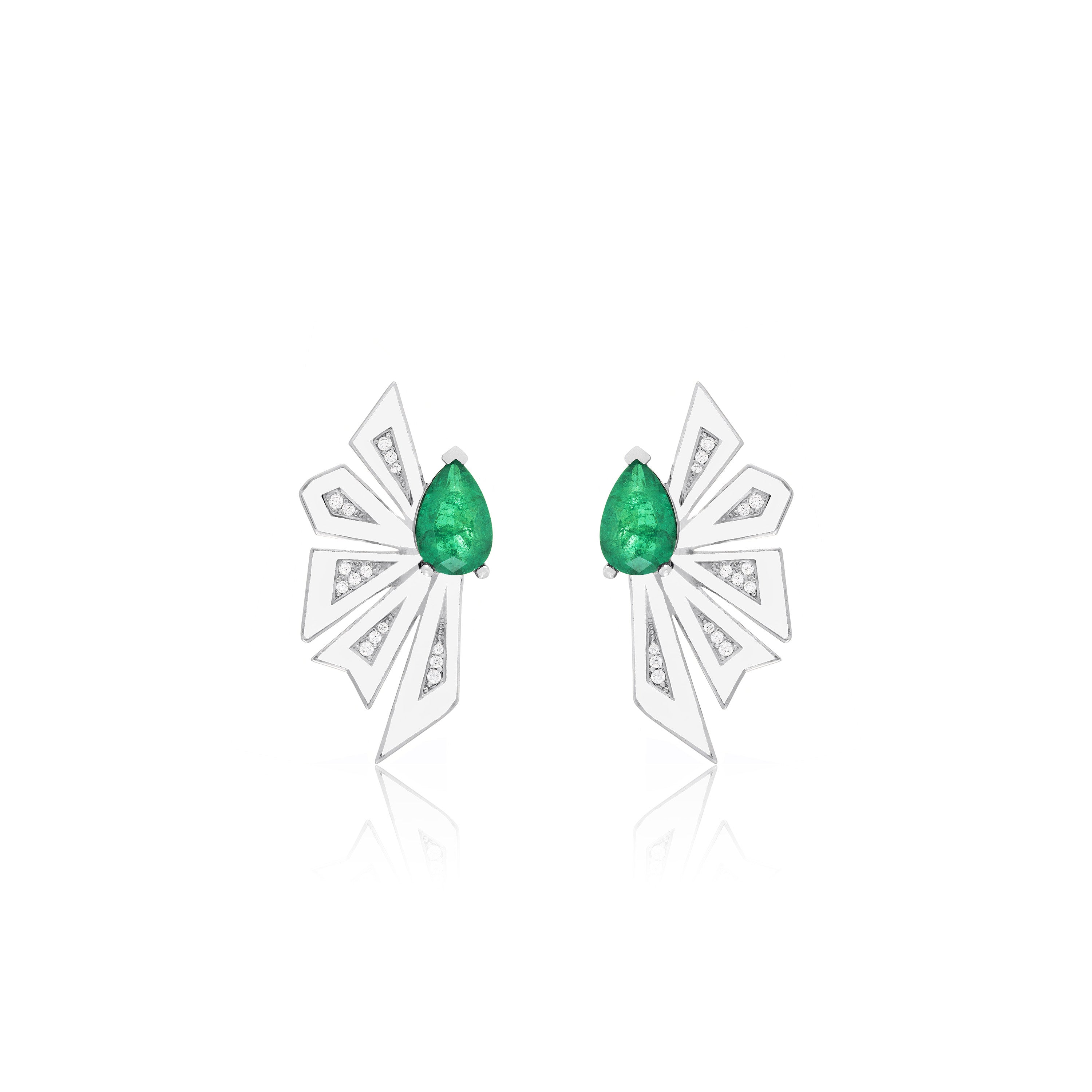 Enamel Half Flower With One Big Teardrop Earrings - Silver Green And White