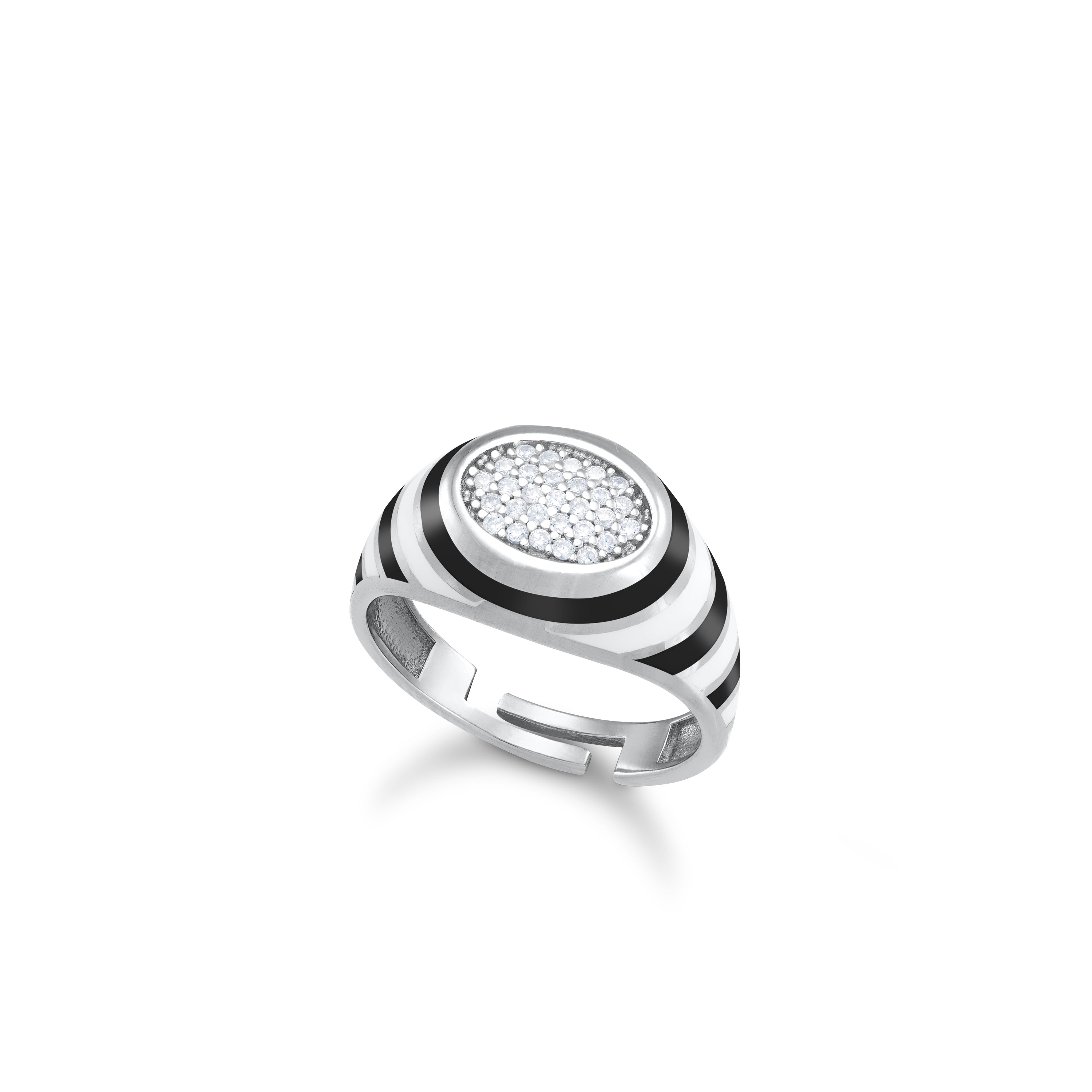 Enamel Round Honeycomb Cubic Zirconia Ring - Silver Black And White